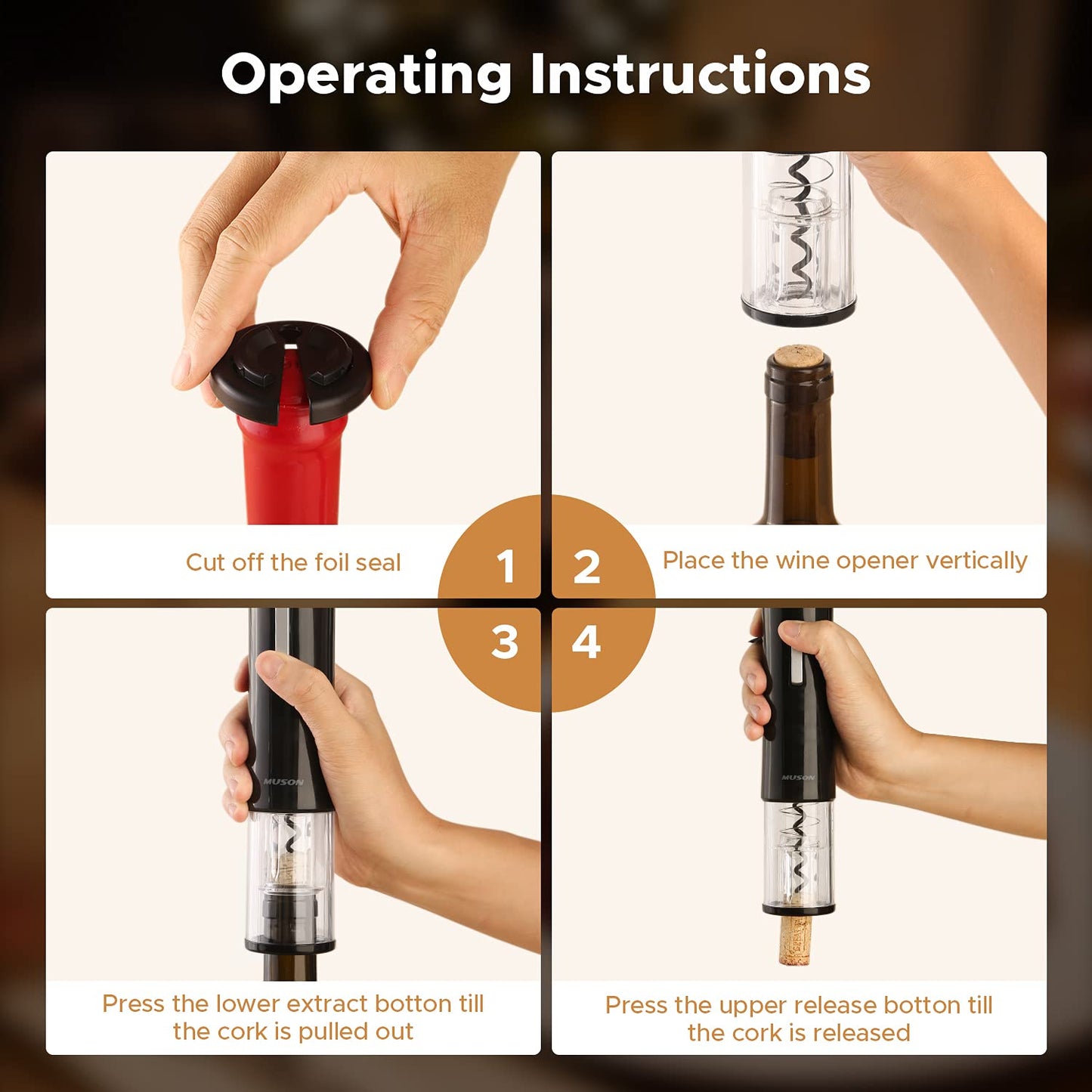 muson Electric Wine Opener, Automatic Corkscrew with Foil Cutter, 2 Vacuum Stopper, Aerator Pourer, Wine Bottle Opener Battery Operated 4-in-1 Gift Set for Wine Lover Home Kitchen