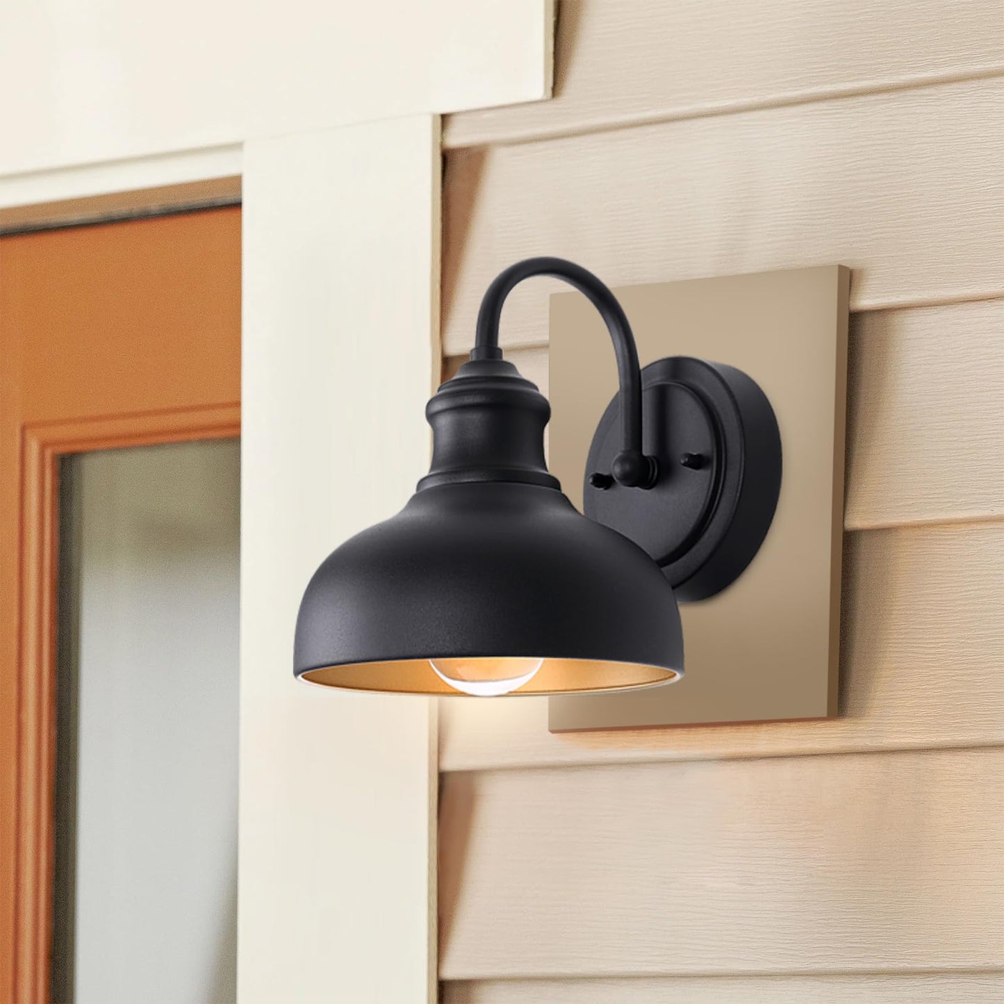 GOALPLUS Outdoor Gooseneck Barn Lights for Porch, 7in. Dome Exterior Farmhouse Light Fixture with Wall Mount, Small Black Wall Lighting with Brass Interior, Outside Wall Sconce for Garage, Patio