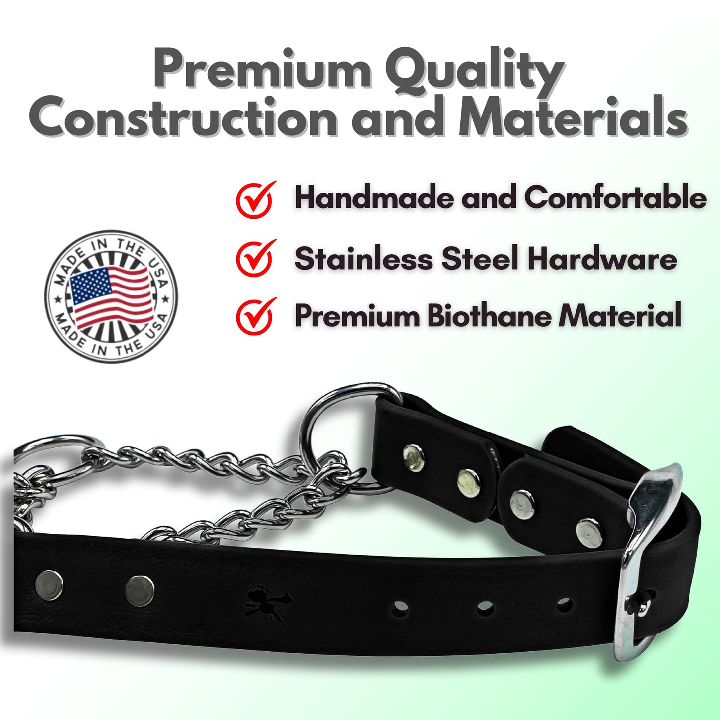 JIM HODGES DOG TRAINING Martingale Collar for Dogs, Biothane, Stainless Steel Hardware, No Pull, Made in The USA, Professional Grade. Large, Black