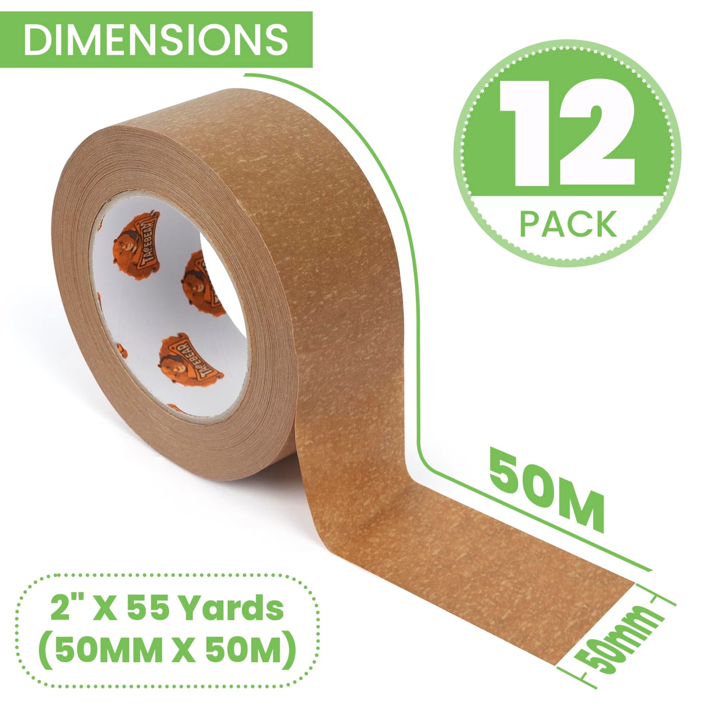 TAPEBEAR Eco-Friendly Kraft Paper Tape, Biodegradable Heavy Duty Packing Tape 50mm x 50m, Recyclable Packaging Tape Self Adhesive Box Tape for Shipping, Sealing, Moving & Masking, 12Rolls