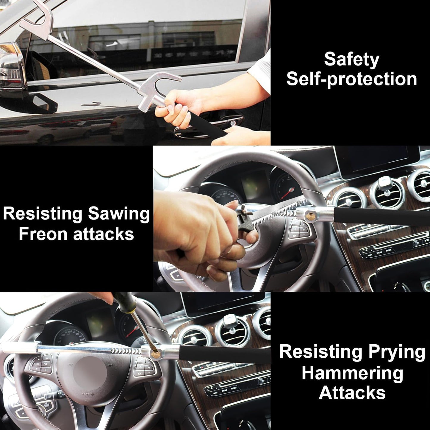 Tevlaphee Steering Wheel Lock for Cars,Wheel Lock,Vehicle Anti-Theft Lock,Adjustable Length Clamp Double Hook Universal Fit Emergency Hammer Window Breaker Self Defense Heavy Duty Secure (Black)
