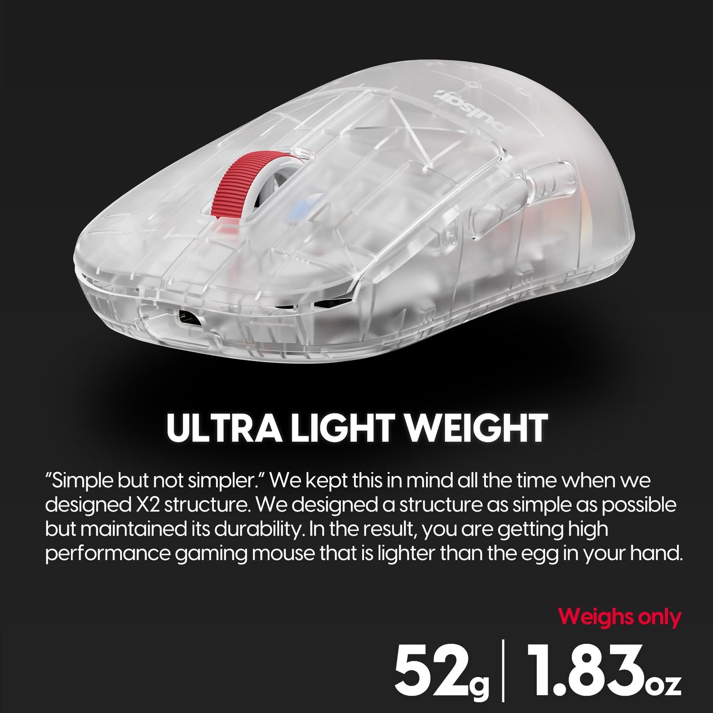 Pulsar Gaming Gears X2H (High Hump) Mini Wireless Gaming Mouse, Designed for Competitive Esports, Lightweight 52g, PAW3395 26K DPI Sensor, Optical Switch, 1ms Polling, Symmetrical Shape, Superclear