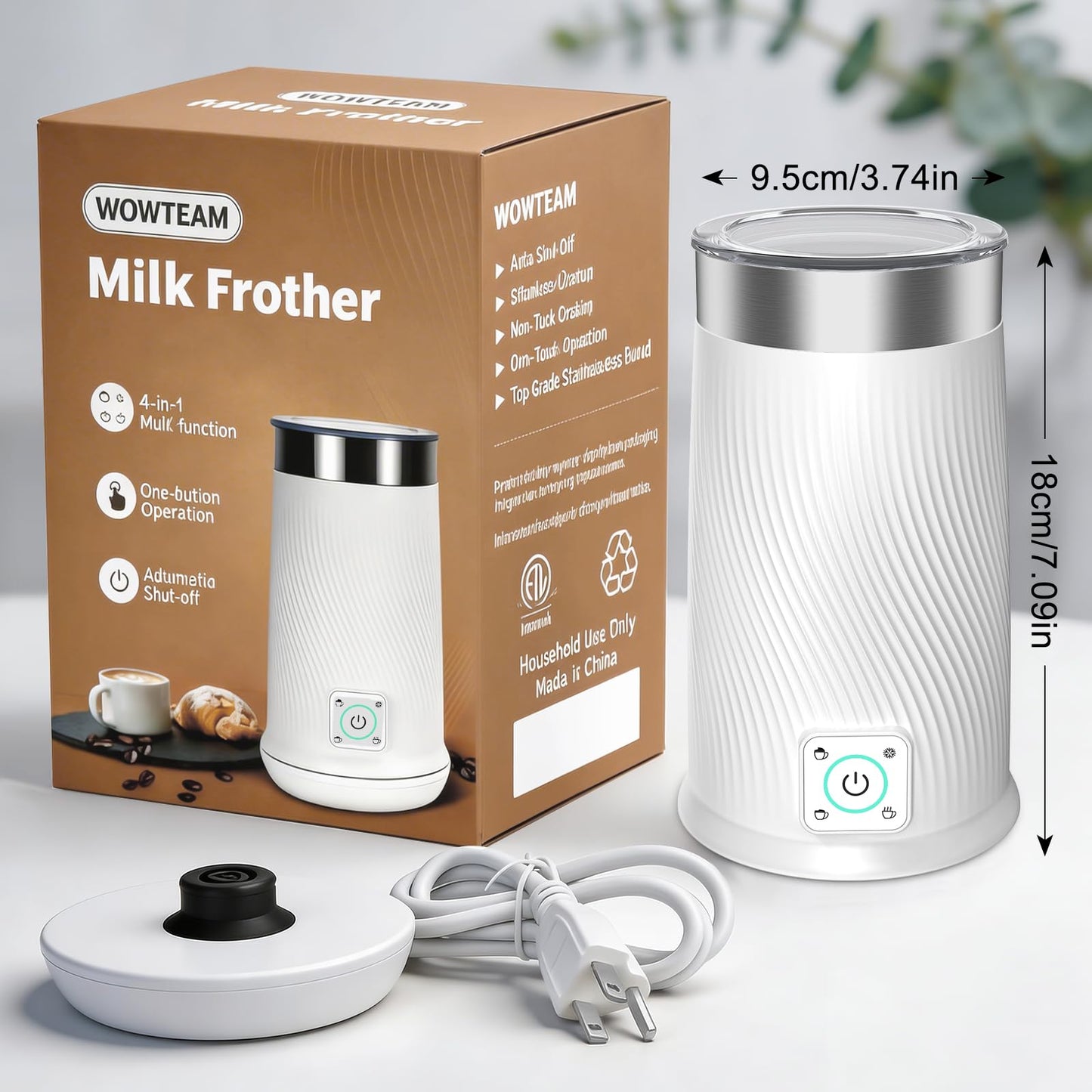Milk Frother, 4-in-1 Electric Milk Steamer with Warm and Cold Foam Maker, Milk Heater and Warmer Hot & Cold Milk Foamer Maker for Latte Coffee Chocolate (White)