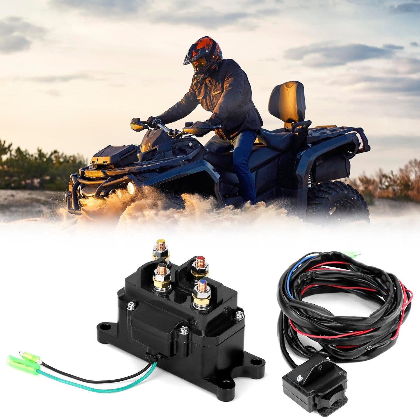 QWORK 12V 250A Winch Solenoid Relay Contactor, Compatible with ATV/UTV | 2000-5000 lbs Winch, with Rocker Thumb Switch Kit