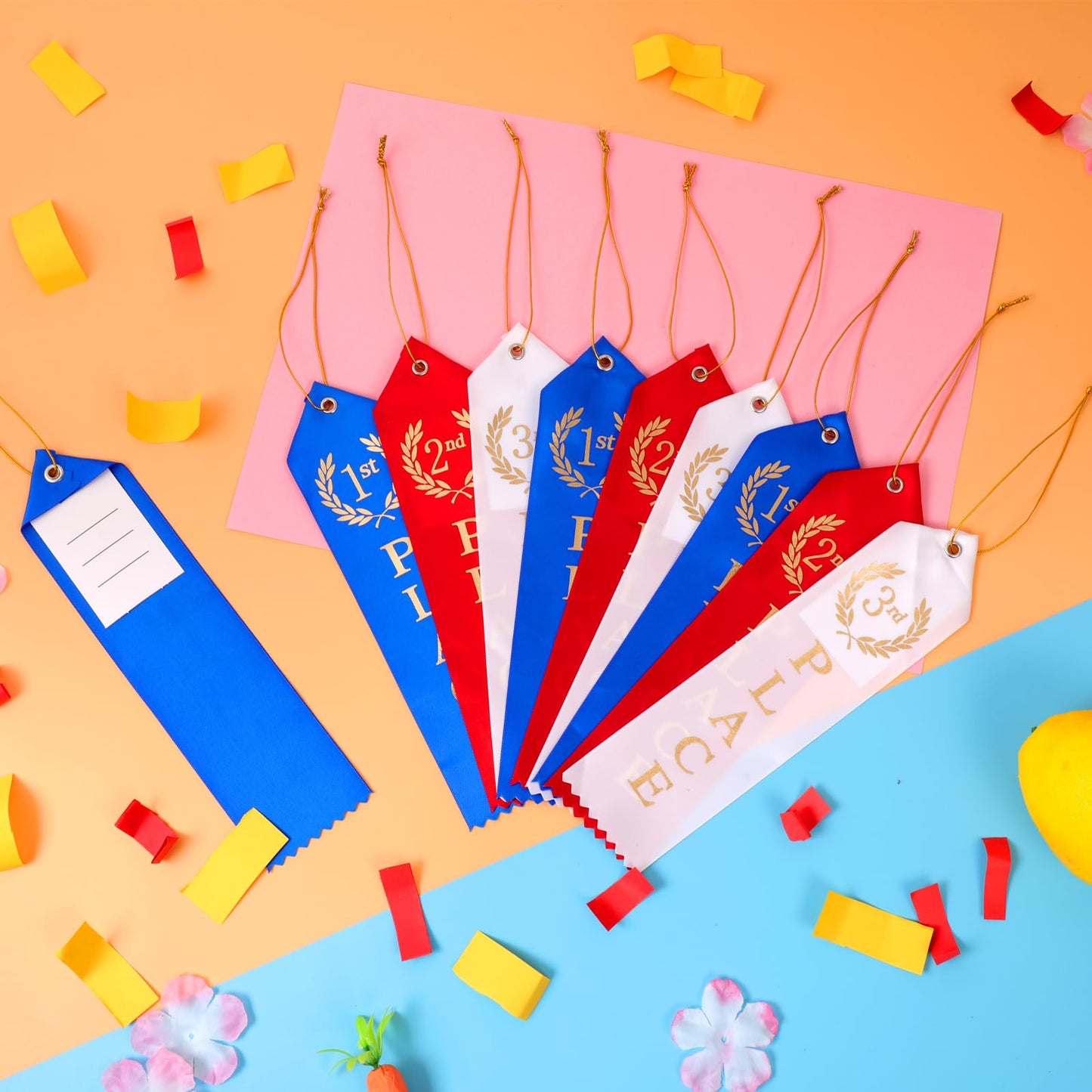 300PCS Award Ribbons, Medal Ribbons for 1st, 2nd, 3rd Place, Event Card & Rope Included,Perfect for Competitions, Sports Events, School Challenges, Vibrant Blue, Red, and White