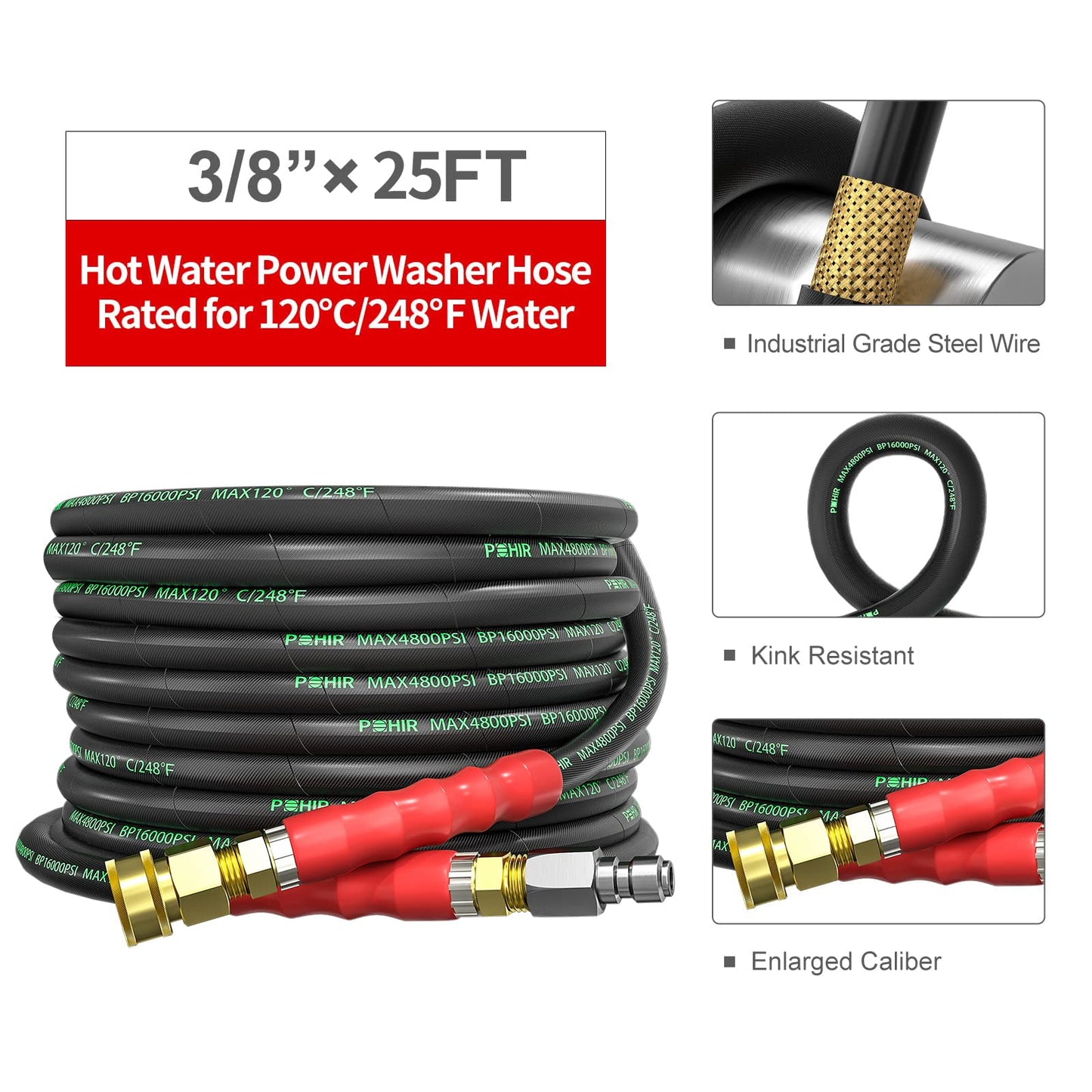 POHIR 3/8 Inch Pressure Washer Hose 25 FT with Adapter Set, 4800PSI Hot and Cold Water Max 248°F, High Tensile Wire Heavy Duty Commercial Grade Hose, 2pcs M22 14mm to 3/8 Quick Connect Accessories