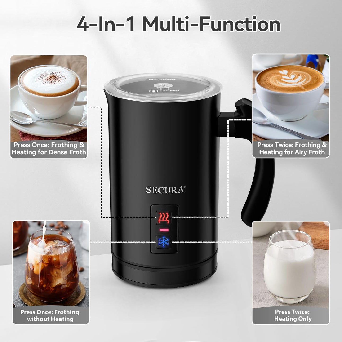 Secura Electric Milk Frother, Automatic Milk Steamer Warm or Cold Foam Maker for Coffee, Cappuccino, Latte, Stainless Steel Milk Warmer with Strix Temperature Controls (Black)
