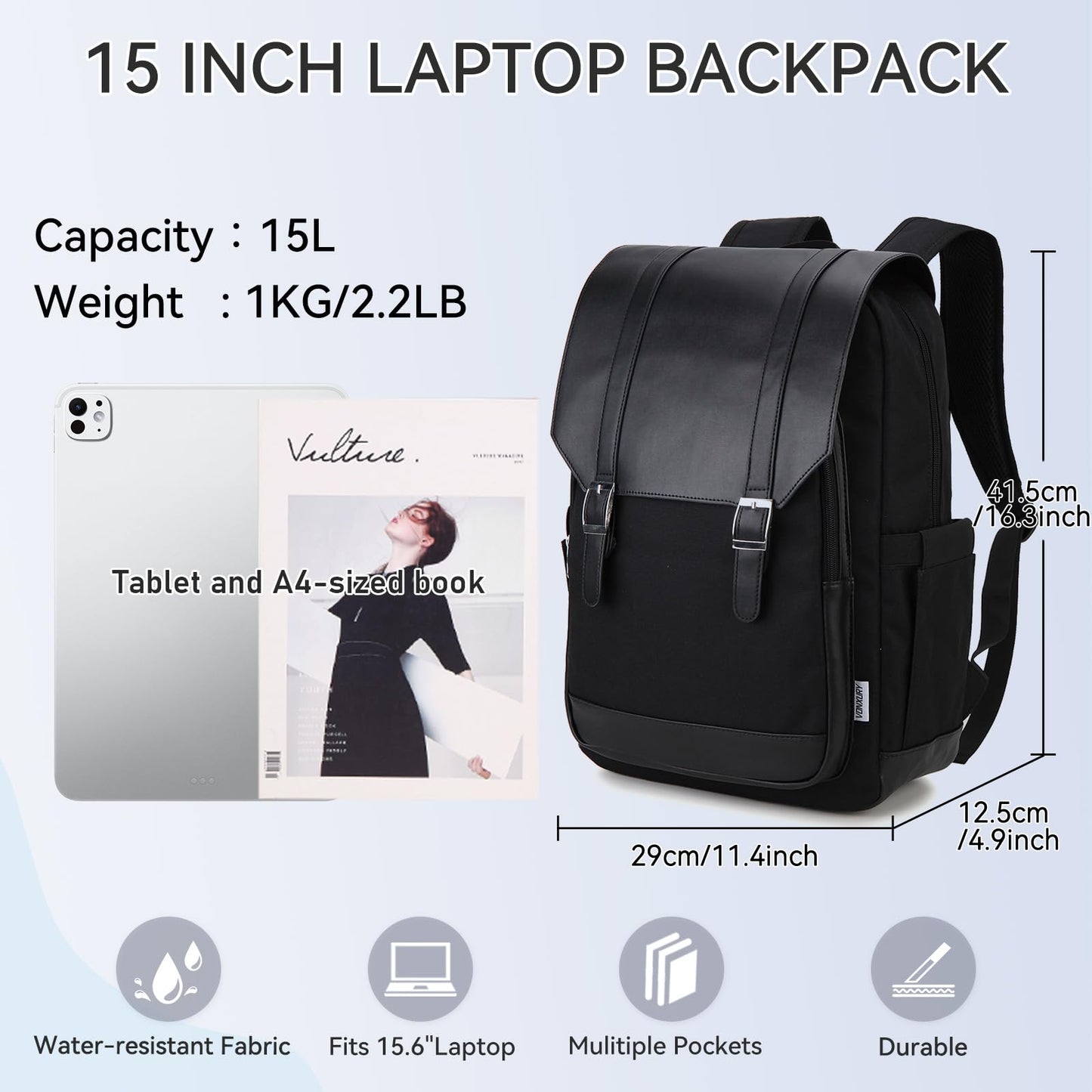 VX VONXURY Laptop Backpack, 15.6 Inch Anti-theft Backpack Purse Water Resistant College Backpack for School Work Travel Teacher,Black