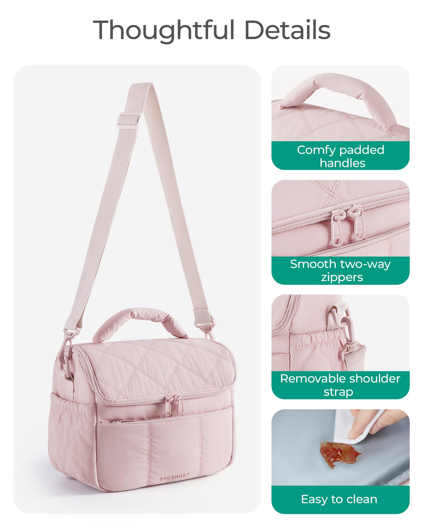 BAGSMART Insulated Lunch Bag, Quilted Puffer Lunch Tote, Leakproof, Durable & Reusable Lunch Cooler Box for Work Picnic Travel Meal Prep, Camel