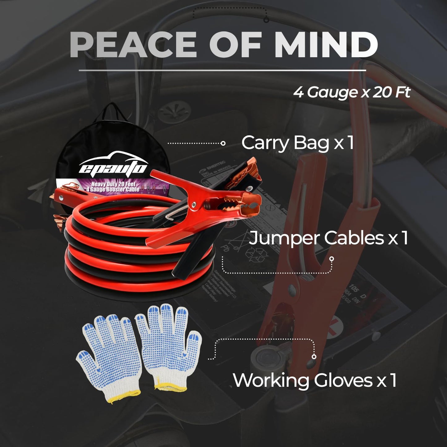 EPAuto 4 Gauge x 20 Ft Heavy Duty Jumper Cables for Car & SUV Emergency Battery Booster Kit with Safety Gloves & Travel Bag (Safe Jump Start for Dead Batteries)