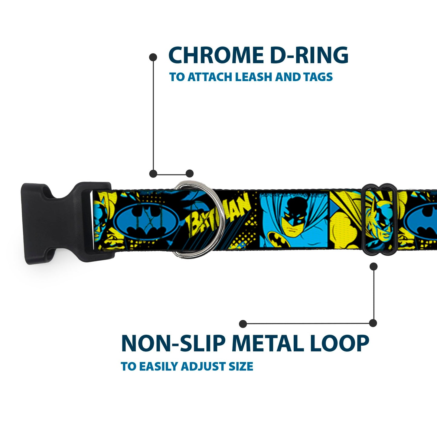 DC Comics Pet Collar, Dog Collar Plastic Buckle, Batman Poses and Logo Collage Black Blue Yellow, 15 to 24 Inches 1.0 Inch Wide