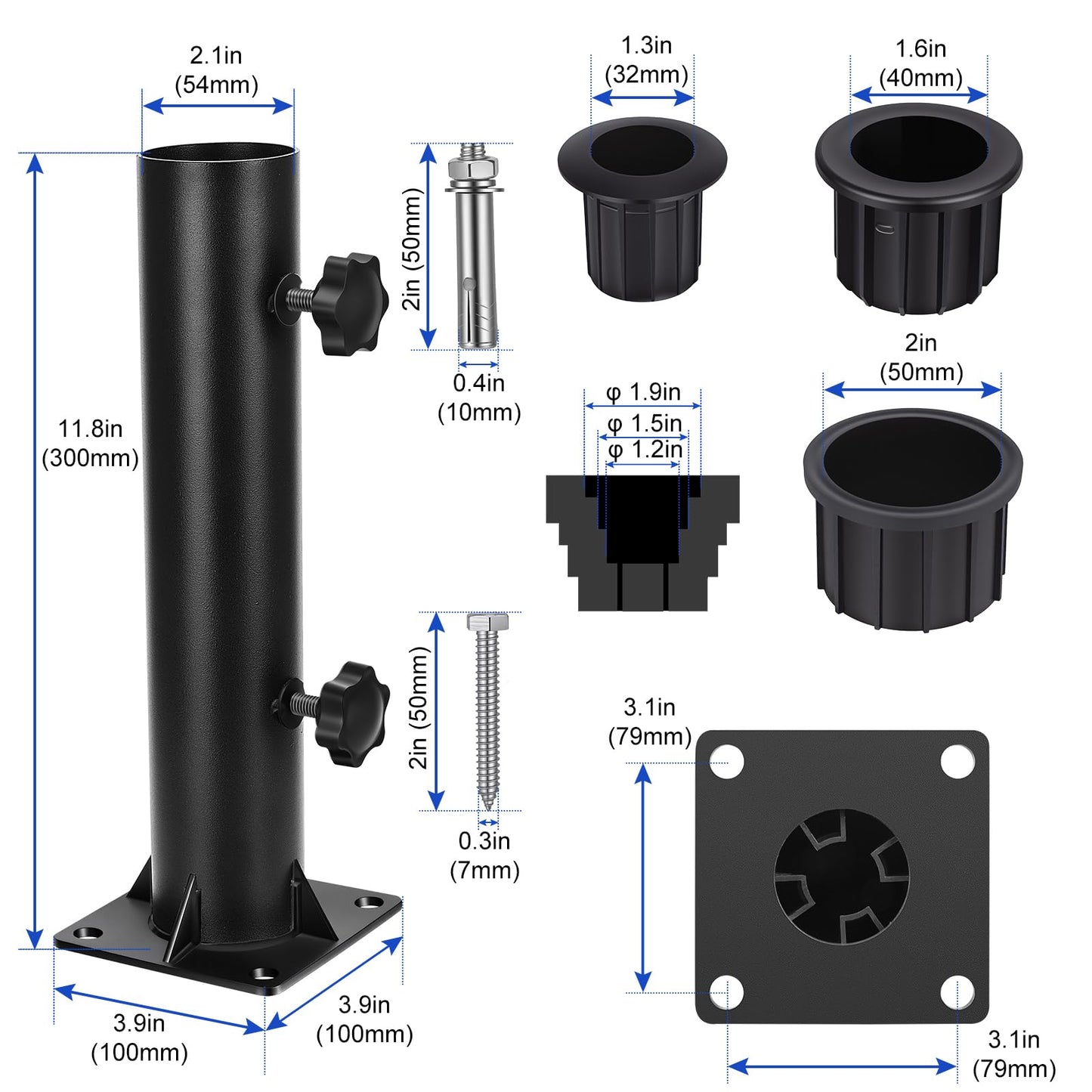 Lalafancy Patio Umbrella Stand Base, 4" Square Reinforced Heavy Duty Outdoor Deck Umbrella Mount Holder, Fits 1/4"-1 9/10" Diameter Poles in Porch Poolside, Black