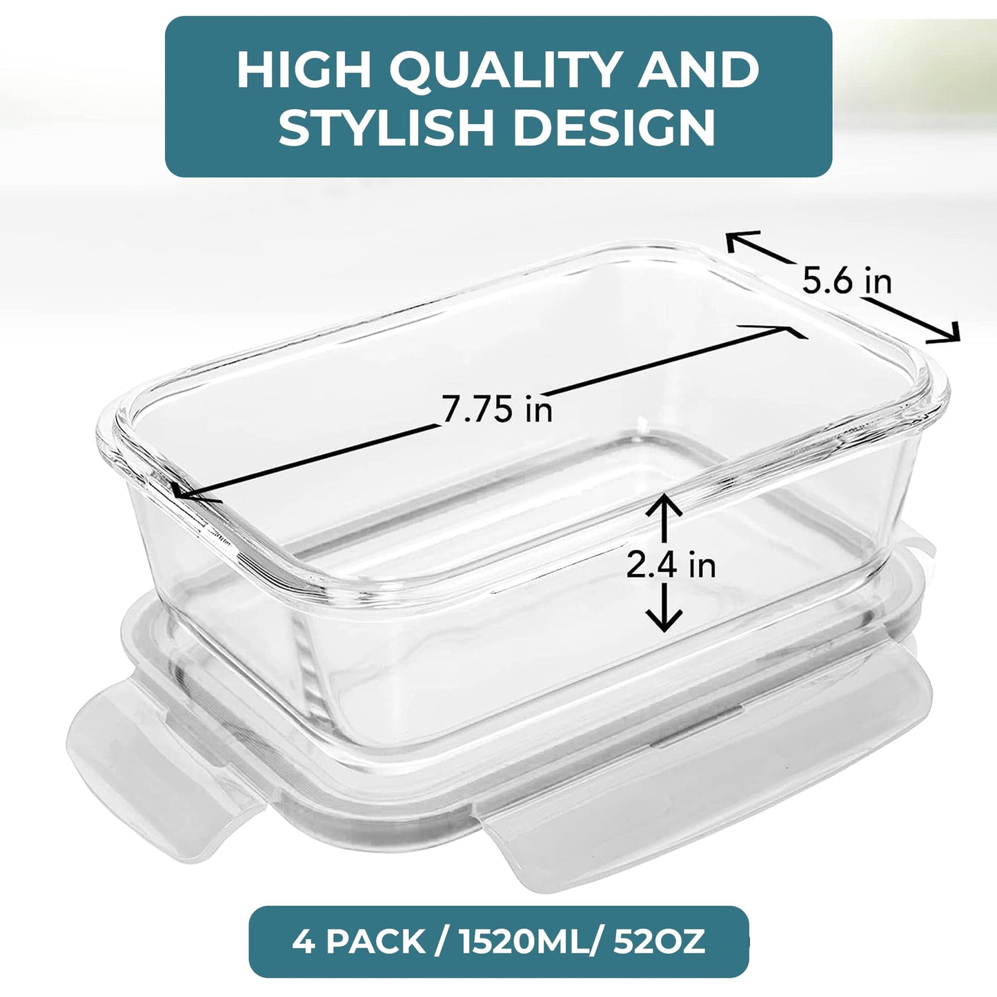 Razab 6.5 Cups / 52 Oz 2 Pack Large Glass Container Food Storage with Lids - Leakproof, BPA-Free Large Meal Prep Container Ideal for Roasting Turkey, Store Leftover - Microwave & Oven Safe