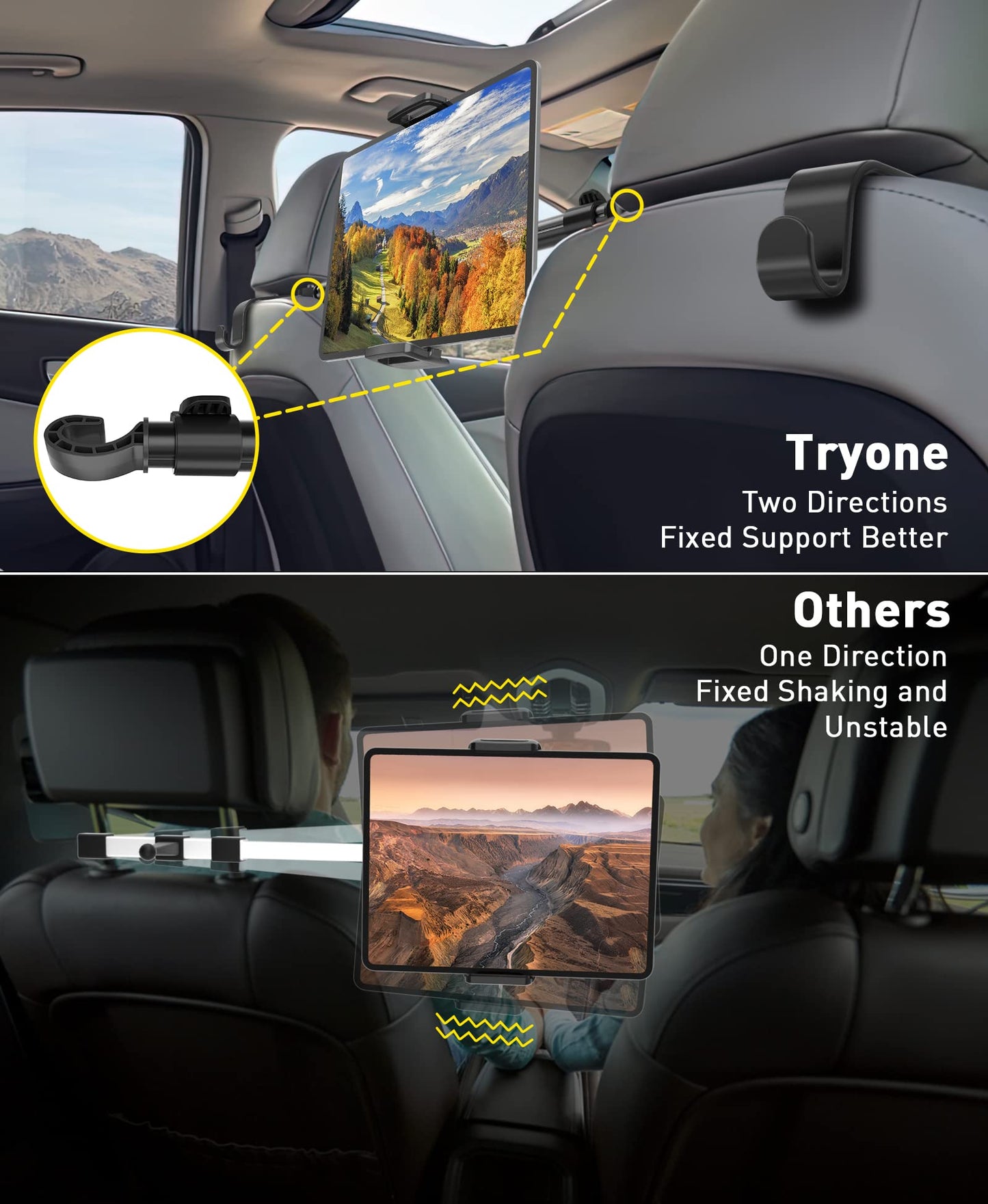 Car Tablet Holder Mount for iPad: Tryone Headrest Tablet Stand for Car Back Seat Compatible with iPad Pro Air Mini | Galaxy Tab | Kindle Fire HD | Switch OLED or Other 4.7-16.1" Devices