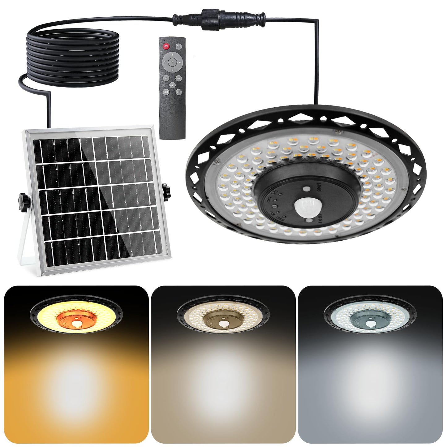Solar Pendant UFO Light 3000LM, Gazebo Indoor Outdoor Motion Sensor Dimmable Brightness Remote Control Waterproof for Patio Porch Garage Lights