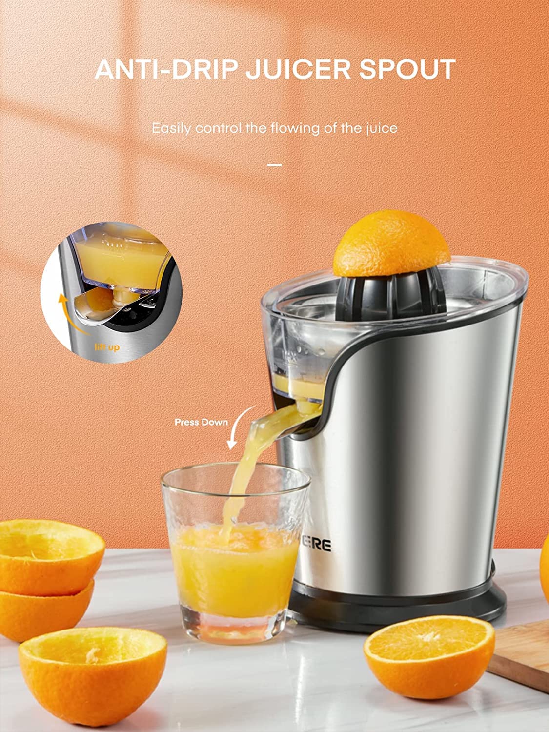 FOHERE Electric Citrus Juicer, Orange Juicer Machine with 2 Size Cones, Stainless Steel Citrus Press Juicer for Orange Lemon Grapefruit Lime, Compact Juicer Squeezer, Anti-Drip Spout & Ultra Quiet Motor