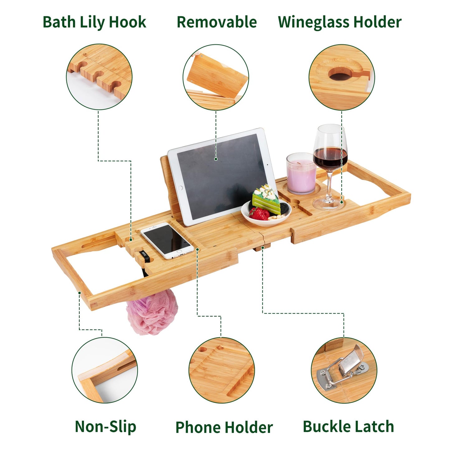 Utoplike Bamboo Bathtub Trays Caddy Bath Tray for Tub, Adjustable Bathroom Bathtub Organizer with Book Tablet Wine Cup Towel Holder, Bathroom Trays