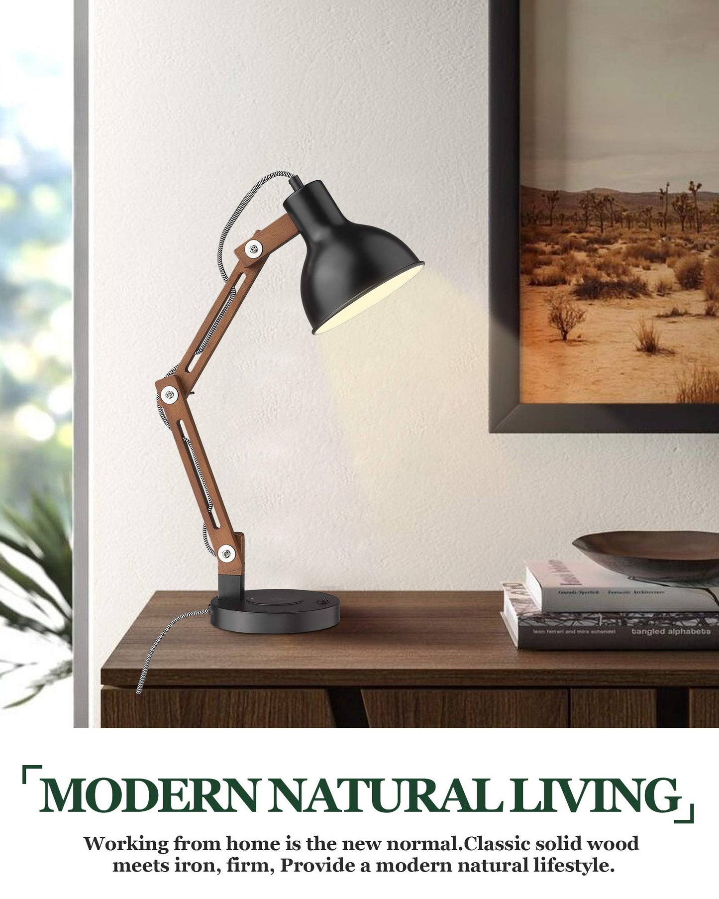 ELYONA Modern LED Desk Lamp with Upgraded Wireless Charger & USB C Charging Port Sapele Wood Table Lamp Swing Arm Bedside Reading Task Light for Dorm Office Bedroom Living Room Bulb Included Black
