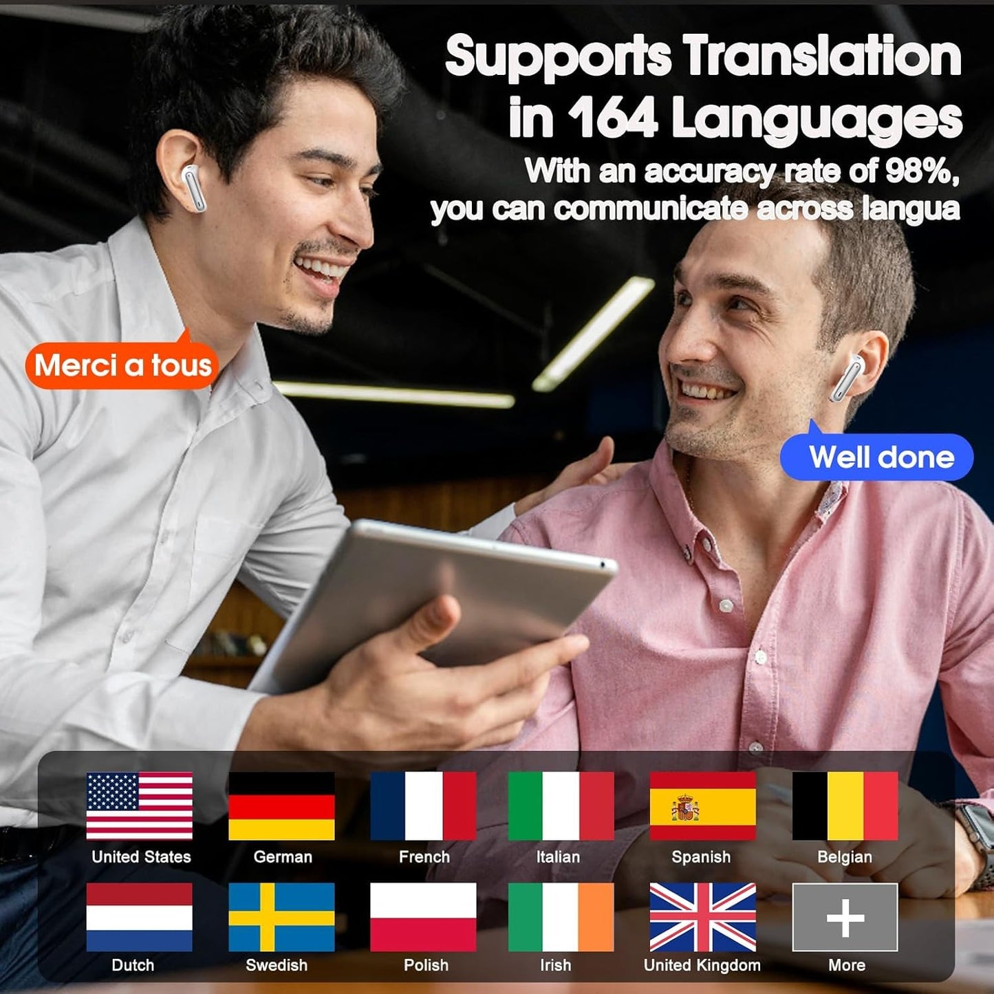 AI Language Translator Earbuds Real Time, 3 in 1 Simultaneous Interpretation Translator Earbuds with 164 Languages/6 Translation Modes, 40H Translation Headphones with ENC Mic Business/Learning White