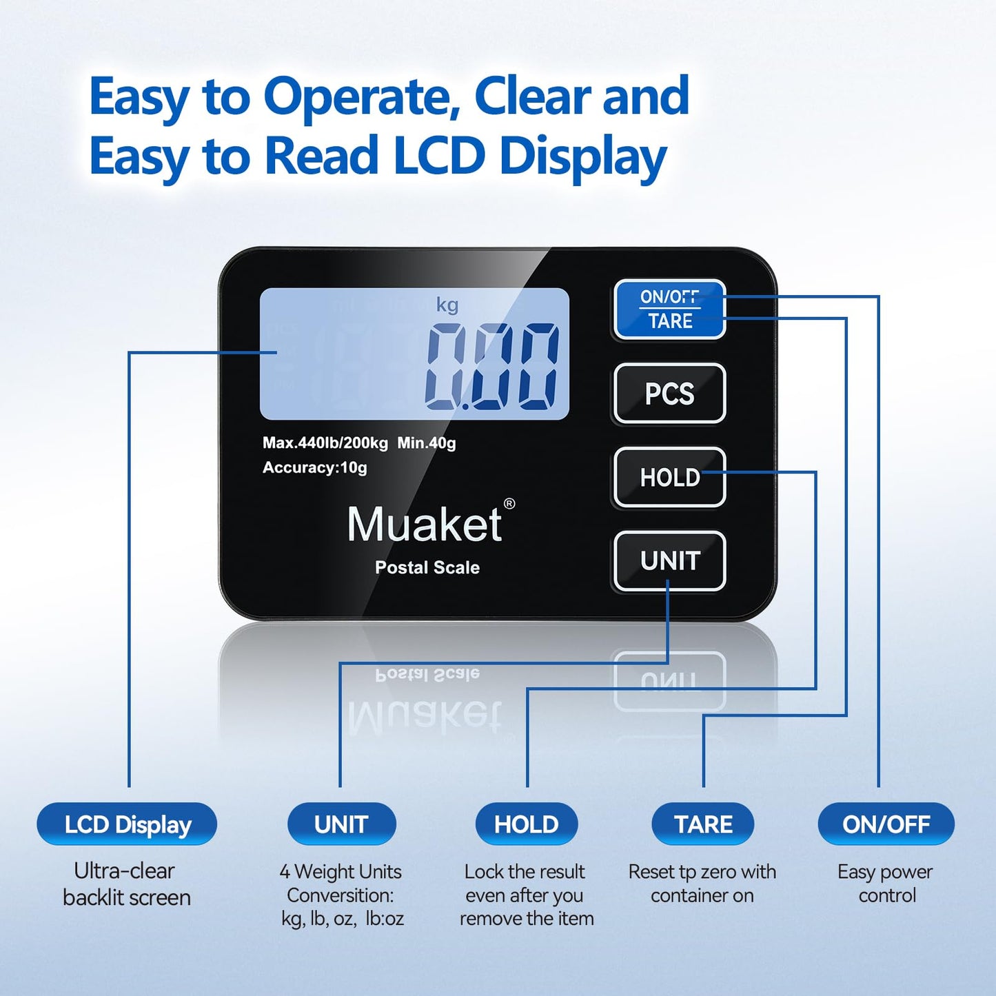 Postal Scales,Muaket 440lb LCD Display Parcel Scales with Hold and Tare Function,High Precision Weighing Scale for Luggage,Package,2 AAA Batteries and Charging Cable Included