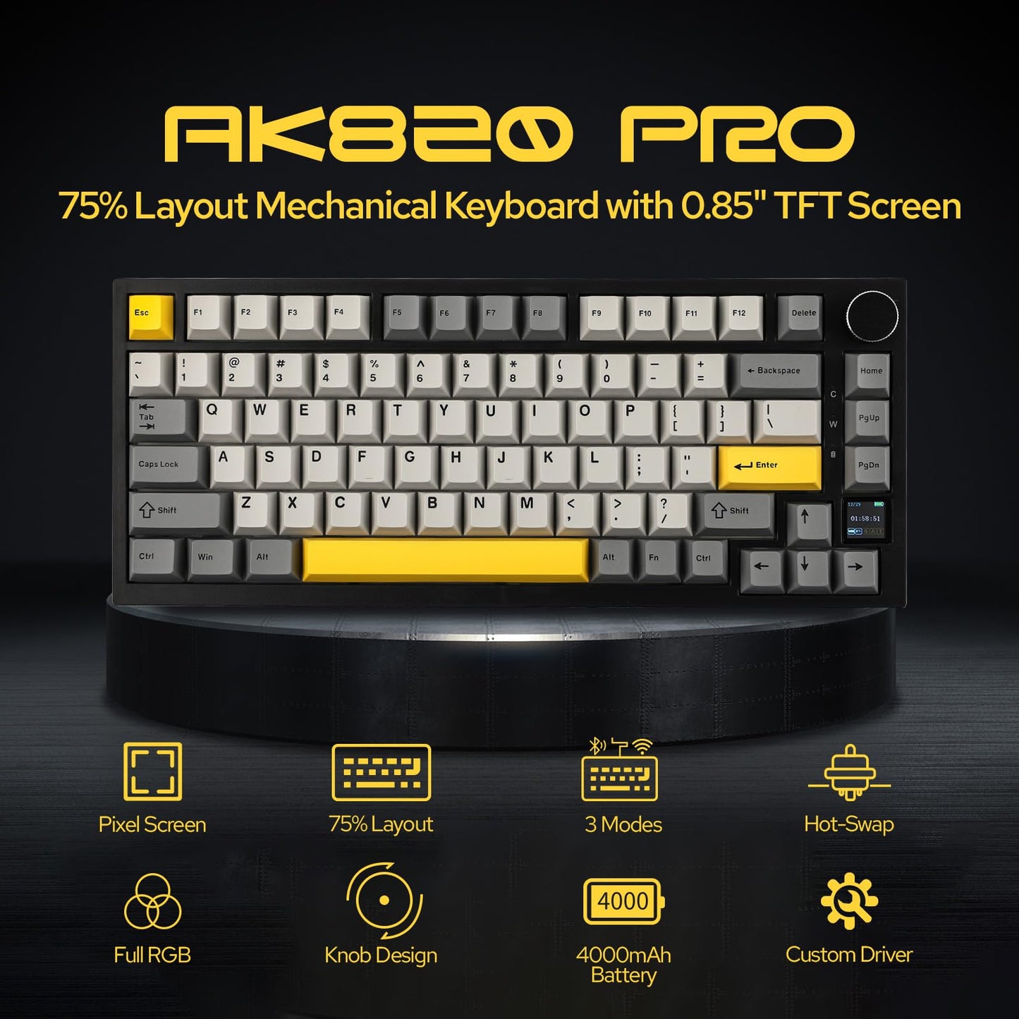 EPOMAKER Ajazz AK820 Pro 75% Gasket-Mounted Mechanical Keyboard with TFT Screen, 3 Modes(Bluetooth 5.1/2.4G Wireless & Type-C), Sound Dampening Foams, RGB (Grey, Ajazz Flying Fish Switch)