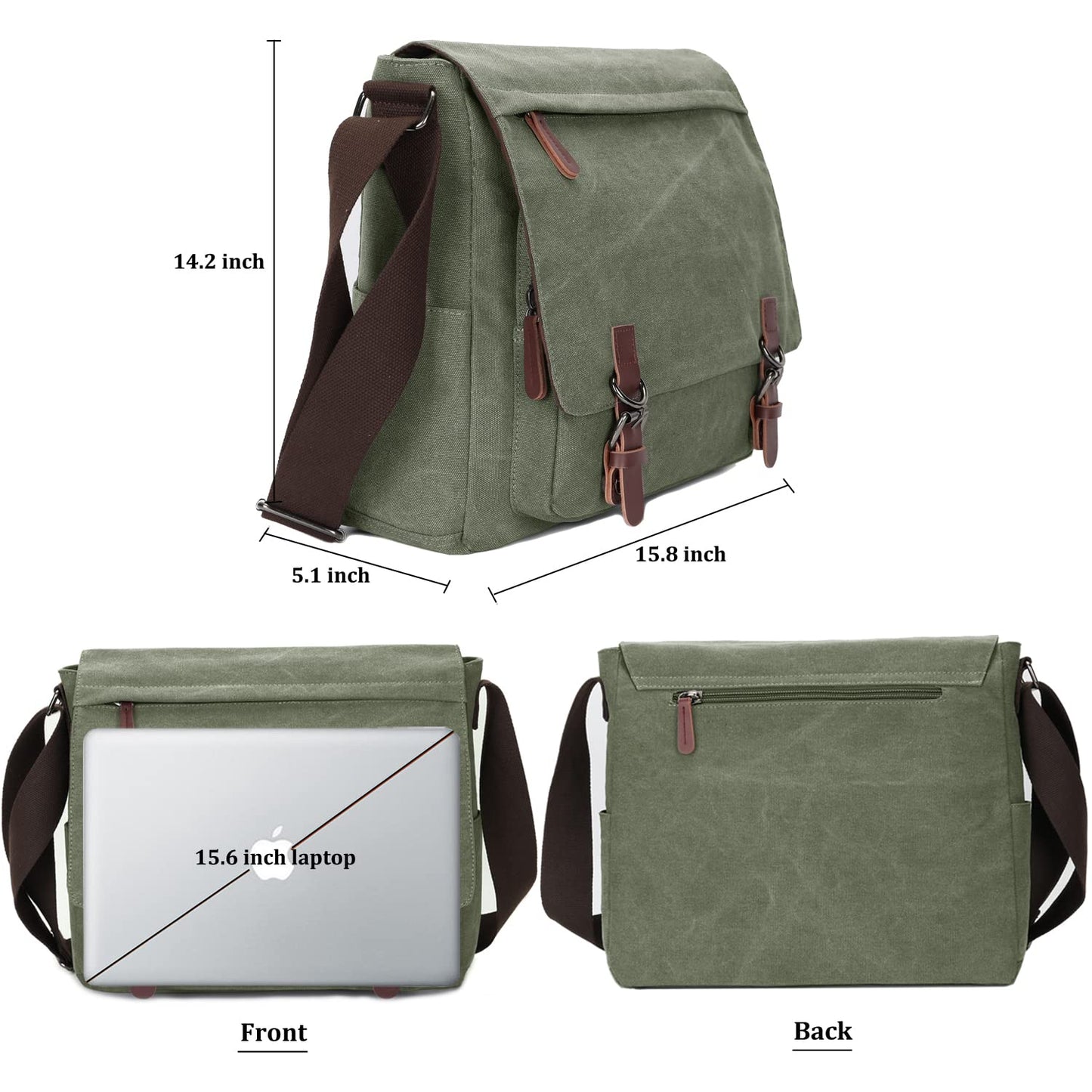 Vintage Messenger Bag 15.6 Inch Laptop for Men Women,Travel Crossbody Shoulder Purse Canvas Briefcase Work Office College (Green)