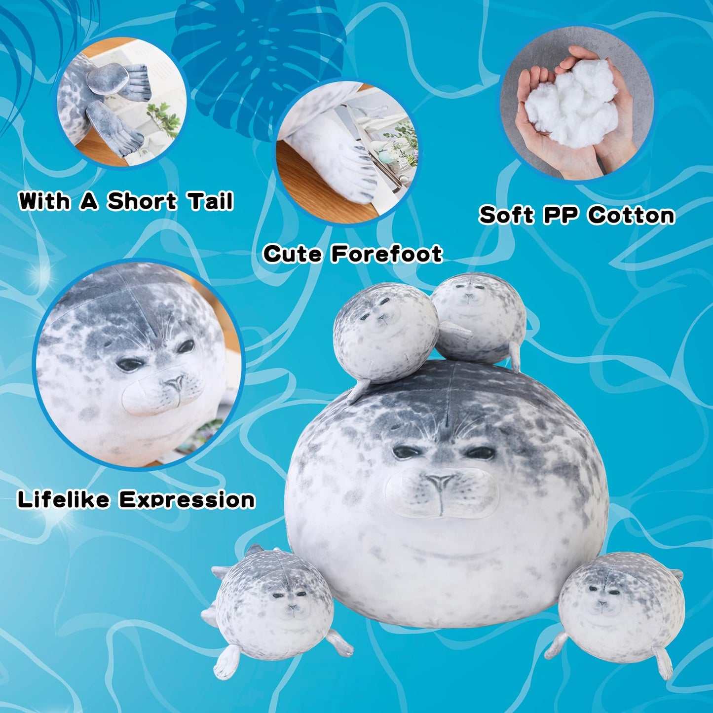 SQEQE Chubby Seal Pillow Plush with 4 Baby Seal Plushies in Her Tummy, Stuffed Cotton Plush Animal Toy Gift for Kids