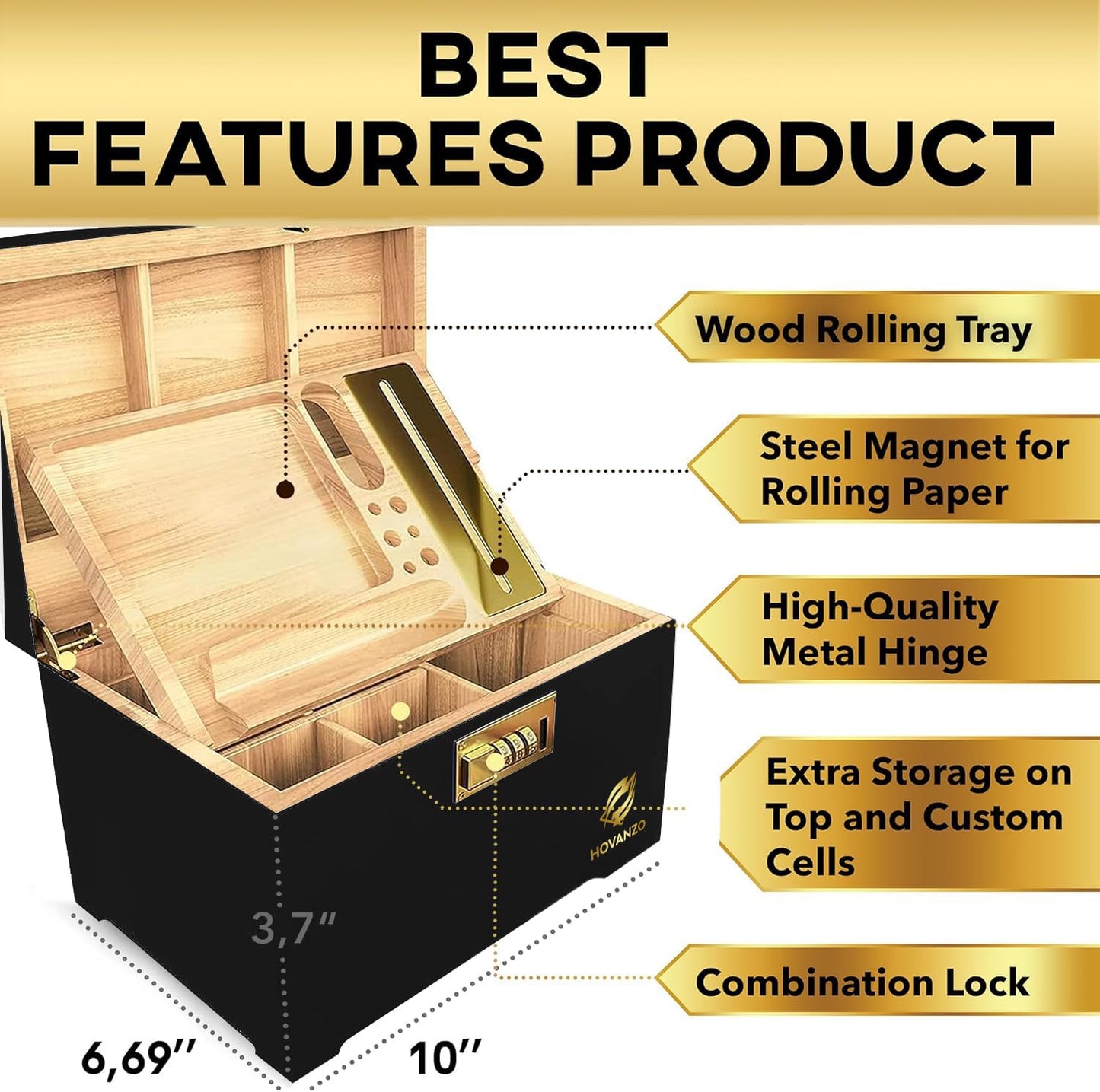 Premium Large Bamboo Storage Box with Rolling Tray - Decorative Box Set with Combination Lock - Large Wooden Container – Wood Box for Herbs and Accessories - Box Kit with Glass Jars