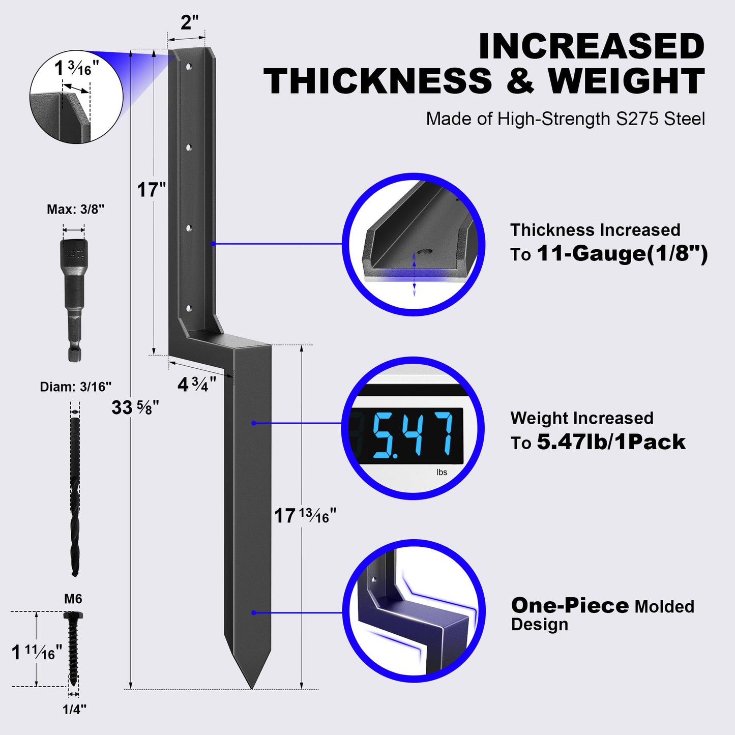 AKINGKONG Fence Post Repair Kit - Thickened 11-Gauge Steel Anchors & Stake for Broken/Leaning 4x4/6x6 Wood Posts (One-Piece, 4-Pack)