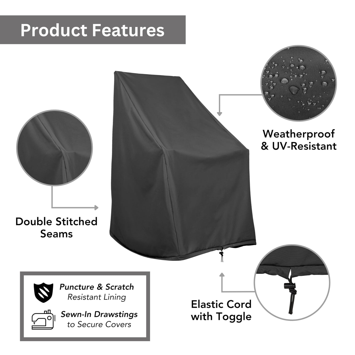 Shine Company Weatherproof Outdoor Rocking Chair Cover, 100% Woven Polyester, Elastic Cord with Toggle, Black