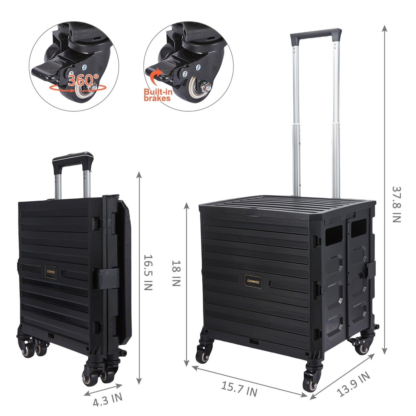 Foldable Utility Cart Folding Portable 360°Rolling Wheels Handcart with Durable Heavy Duty Plastic Telescoping Handle Collapsible 4 Rotate Wheels for Travel Shopping Moving Luggage Office Use.