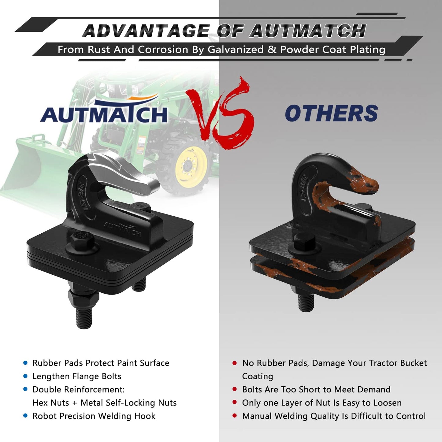 AUTMATCH Tractor Bucket Grab Hook 3/8" (2 Pack) - Grade 70 Forged Steel Bolt On Grab Hook Tow Hook Mount with Backer Plate & Rubber Pads, Max 18,000Lbs Work for Loader, Tractor Bucket, Truck, Black