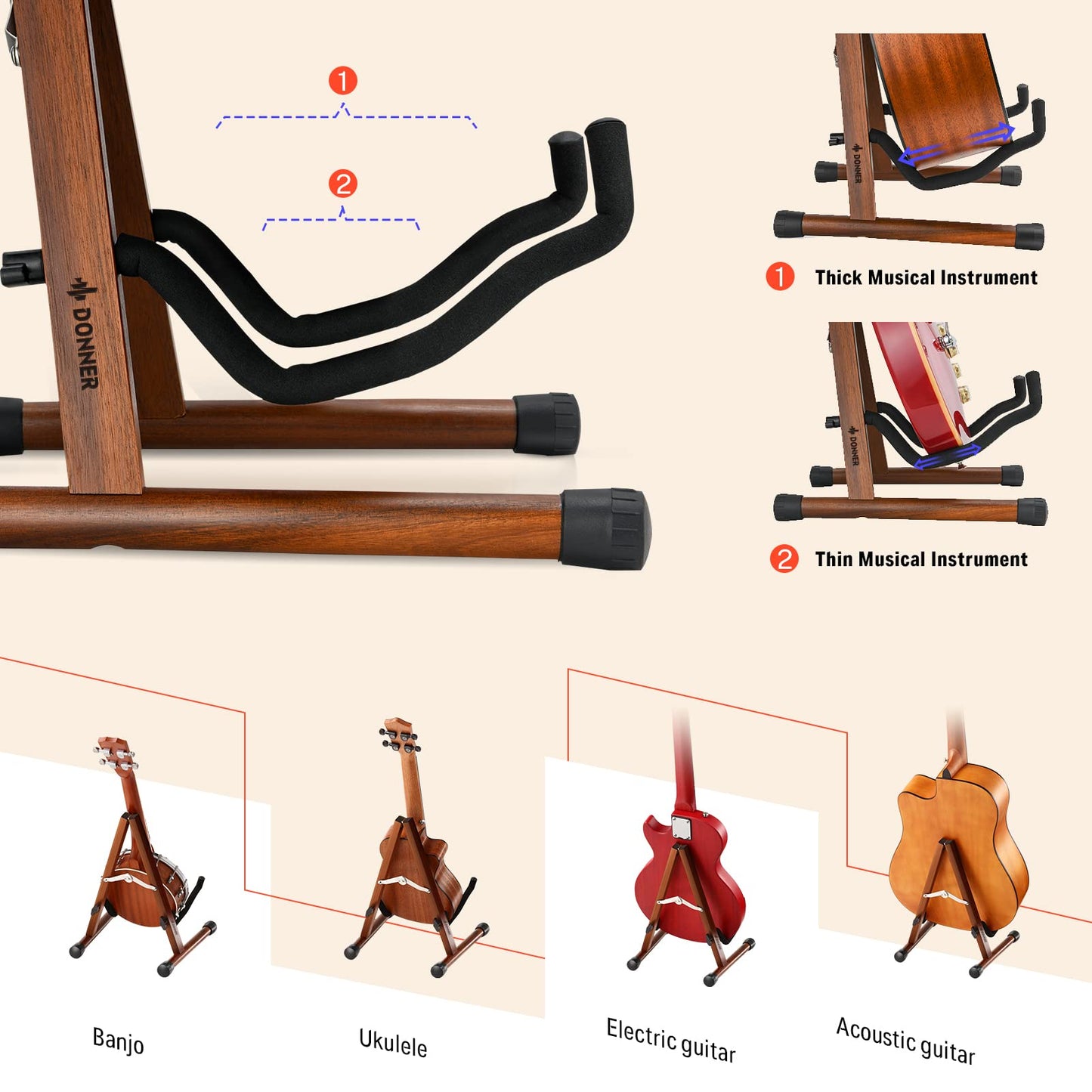 Donner Wooden Guitar Stand, Acoustic Guitar Stand Folding Electric Guitar Stand Floor with Foam Padded for Bass, Ukulele, Mandolin, Banjo, Cello