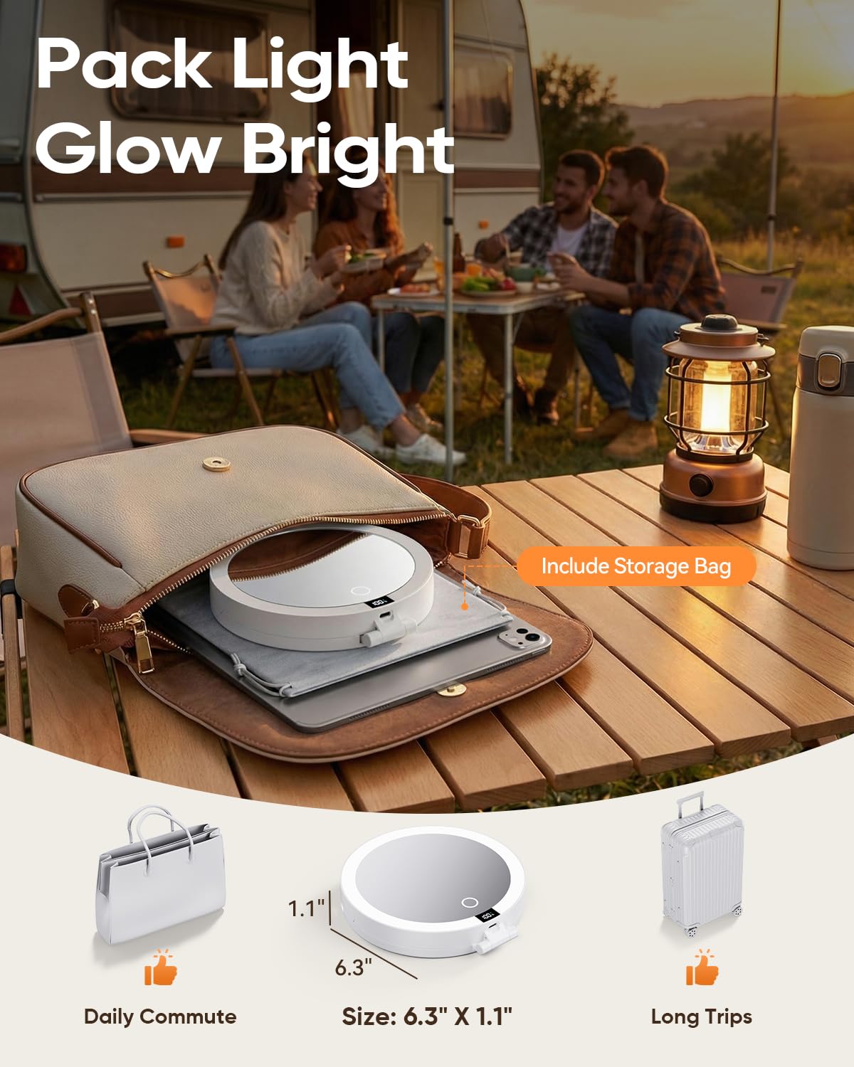 Travel Makeup Mirror with Lights (Gen 3) - 20X/1X Dual Sided Magnifying Mirror with Digital Power Display - Rechargeable, 3 Color Dimmable, CRI 95+ - Portable Folding Design