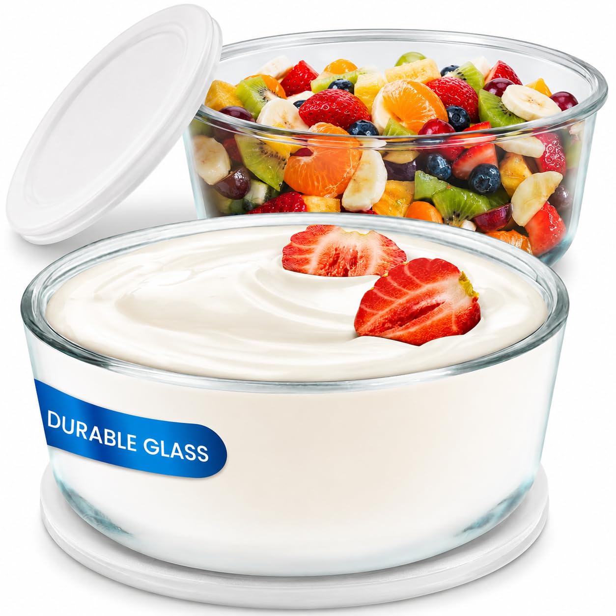Ultimate Yogurt Containers 2 Pack - Make More Yogurt with 1-Quart Glass Containers (4 Cup) - Perfect for Food Storage & Meal Prep - 100% BPA free & Oven Safe Round Bowl Set with Lids