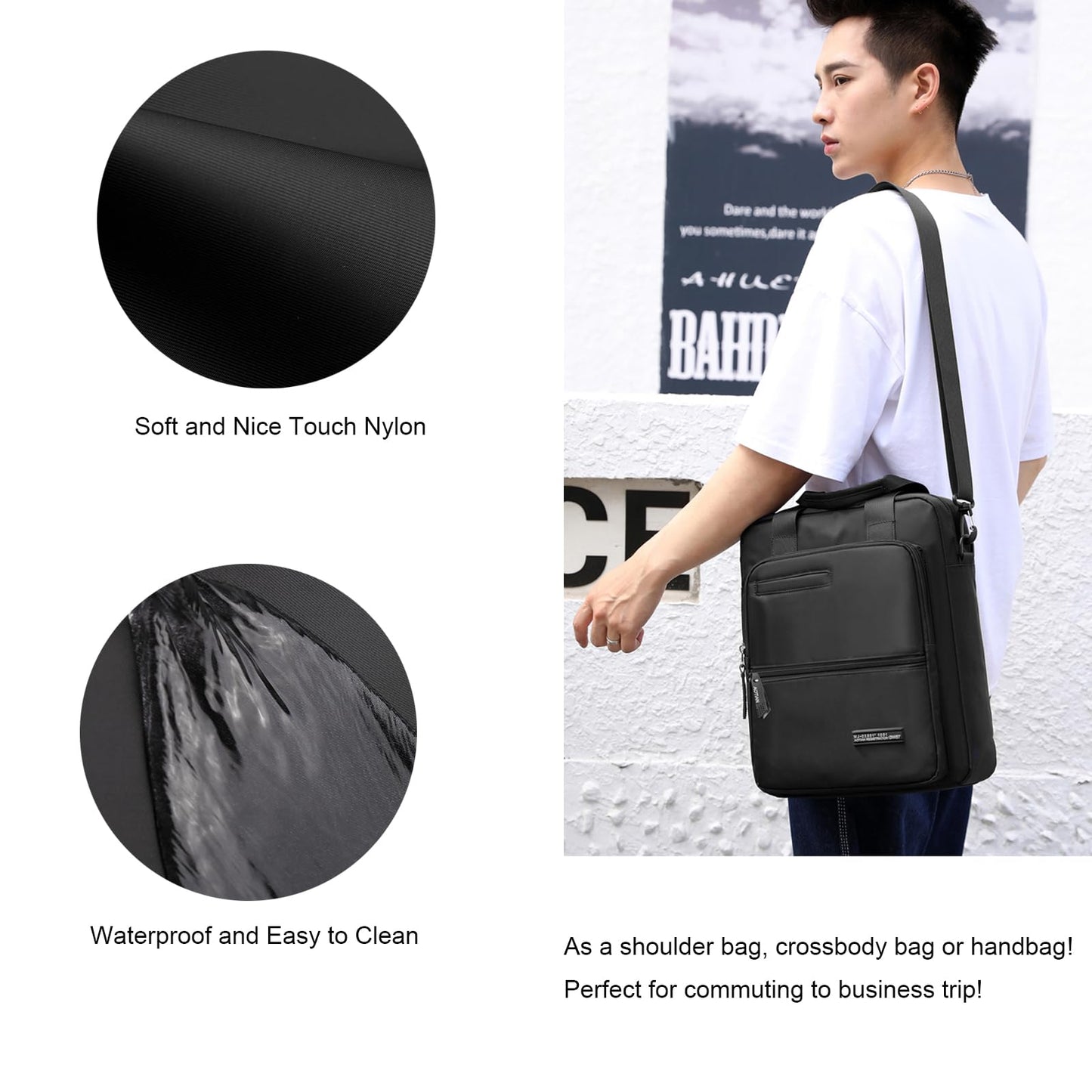 Men's 14-inch Laptop Messenger Bag Nylon Large Shoulder Bag Business Waterproof Casual Black Crossbody for Work Travel Outdoor