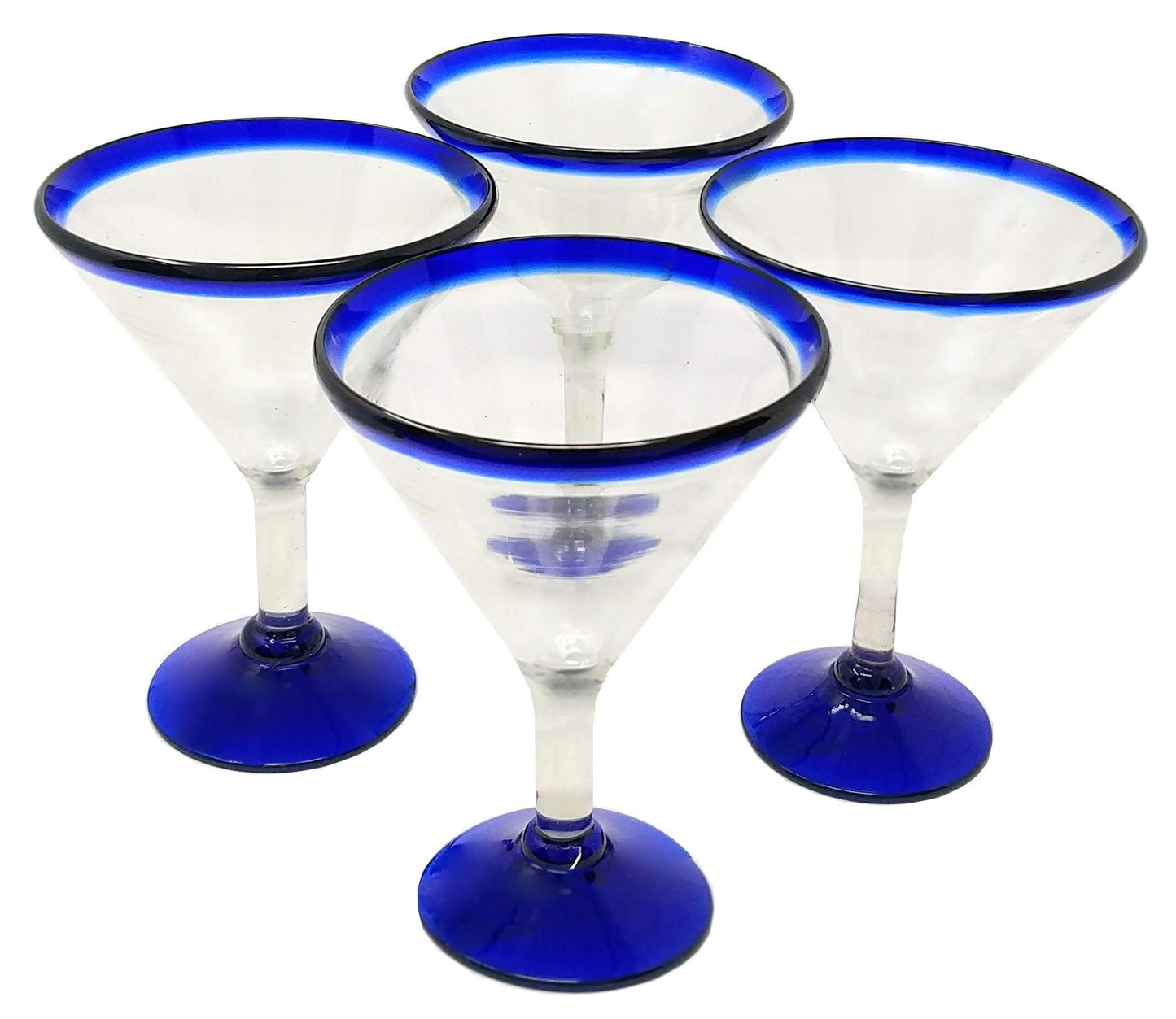 Dos Sueños Mexican Hand Blown Glass â€“ Set of 4 Hand Blown Modern Margarita Glasses - Blue Rim (12 oz)