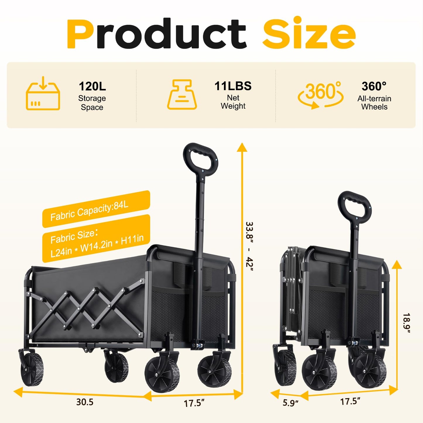 Collapsible Wagon Cart Heavy Duty - 280LBS Lightweight Portable Folding Wagon for Groceries with All-Terrain Wheels & Foldable Cart for Beach, Shopping & Camping