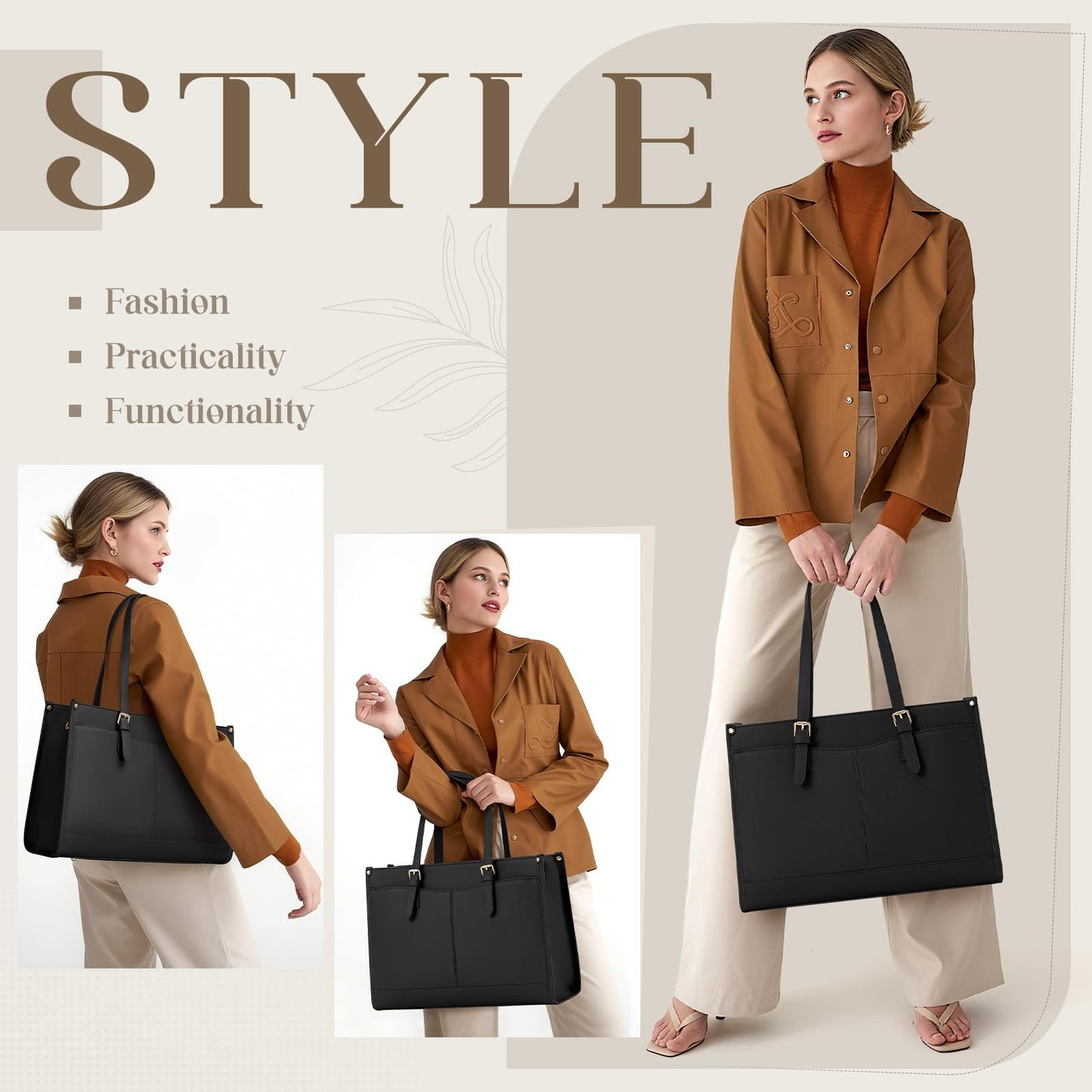 RAINSMORE Laptop Bags for Women Insulated Lunch Compartment Tote Bags for Women 15.6 Inch Work Bag Women Waterproof PU Leather Work Tote Bags for Women Business Daily Camping Laptop Tote Bag Black