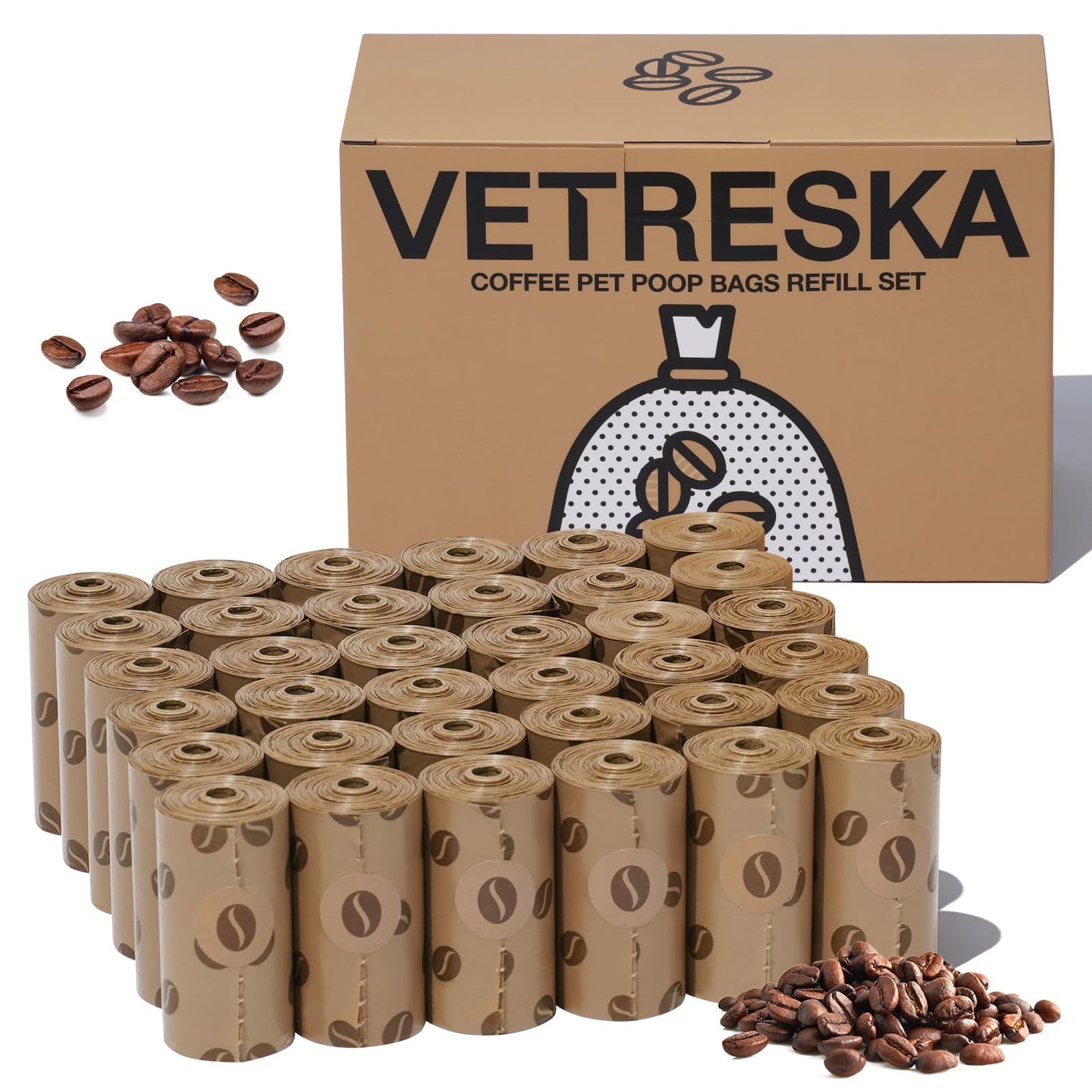 VETRESKA Dog Poop Bags, 540 Count Coffee Scented Waste Bags, Leak Proof, Extra Thick, Large Dog Pet Bags for Dogs and Cats -(36 Rolls)