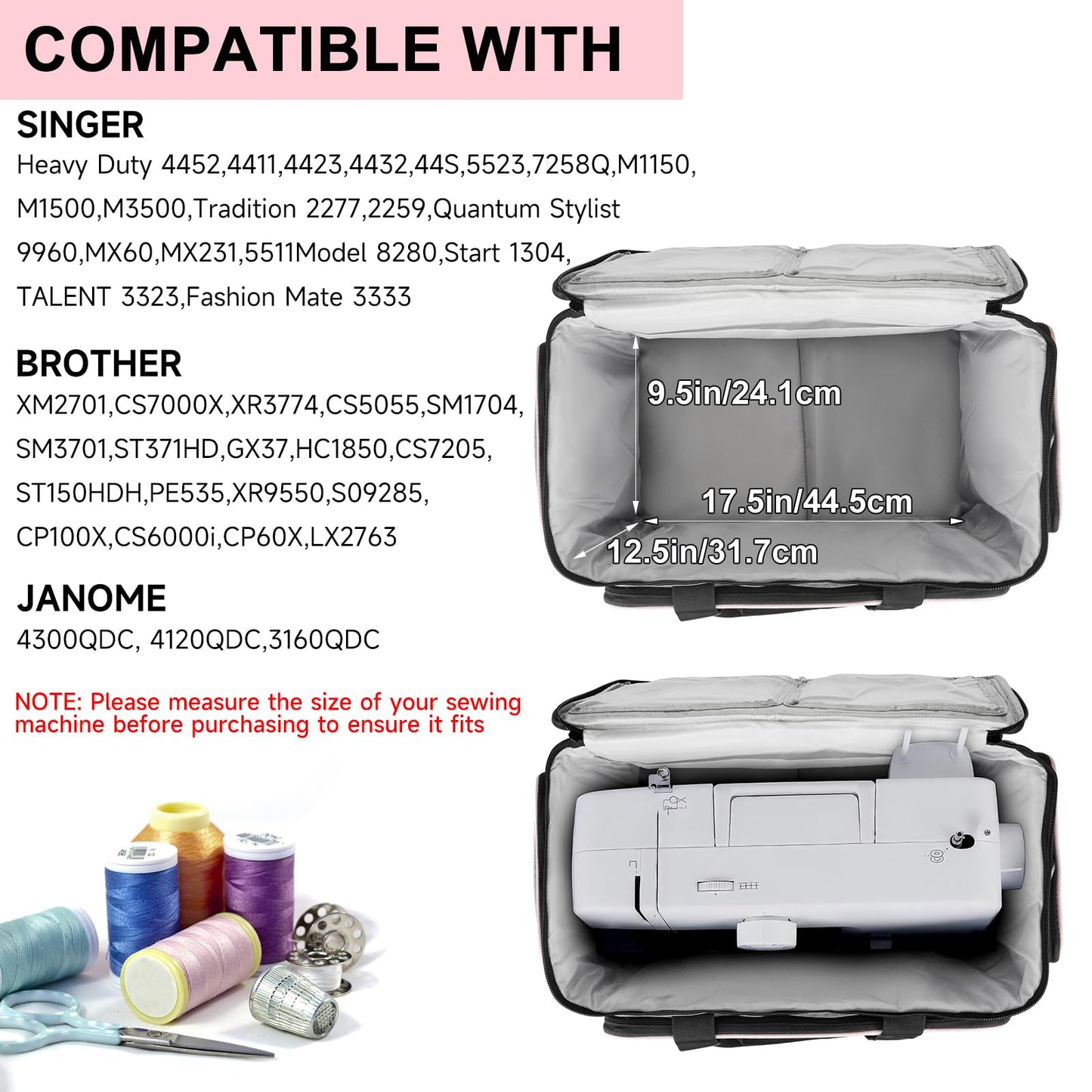 Sewing Machine Carrying Case Bag Compatible with Most Standard Singer,Brother,Janome with Multiple Storage Pockets,Universal Travel Tote Bag with Shoulder Strap for Sewing Machine and Supplie,Grey