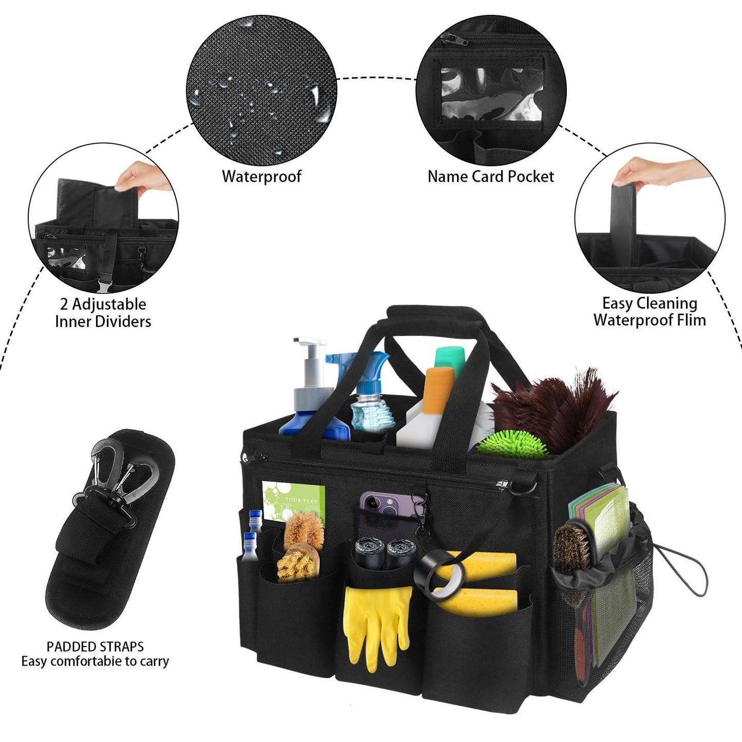 Cleaning Bags for Housekeepers, Large Cleaning Supplies Organizer with Handles & Shoulder Strap, Cleaning Caddy Bag with Foldable Divider for Cleaners, Car Horse Clean Bag (Black)