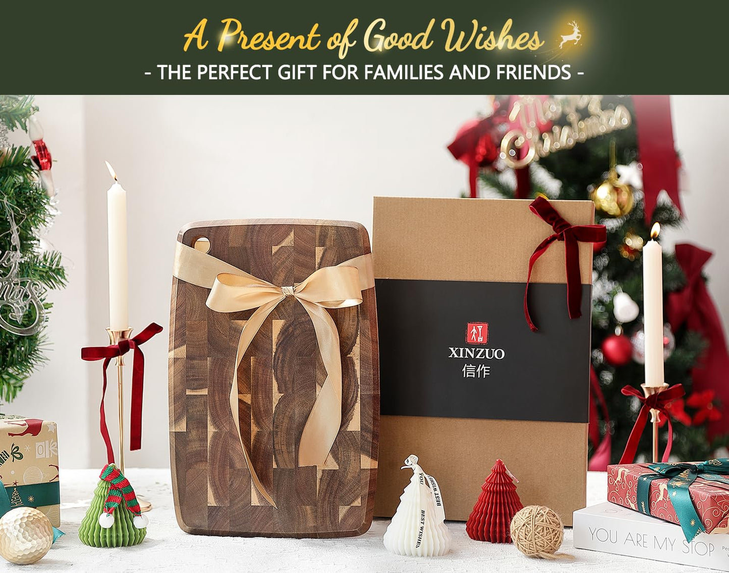 XINZUO Small Acacia Wood Dark Kitchen Cutting Board for Meat, Vegetables and Cheese, Double-Sided, with Hanging Hole,14.1 x 9.4 inch Kitchen Chopping Serving Board for Countertop