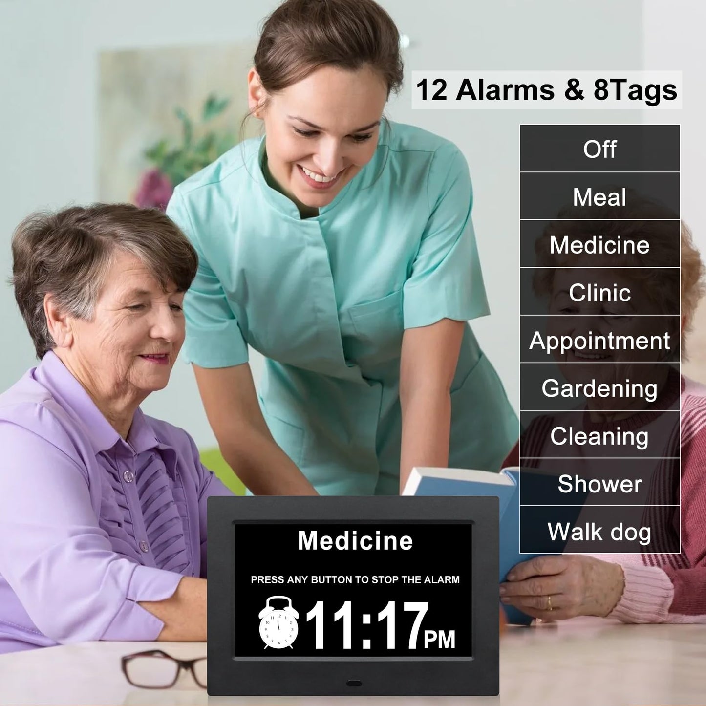 Johnziny Digital Day Clock 7 Inch,Calendar Clocks,Dementia Clocks for Seniors,with Day and Date for Elderly,12 Alarms Option,Auto Dimmable,Large Number Digital Clock with Large Display (Black)