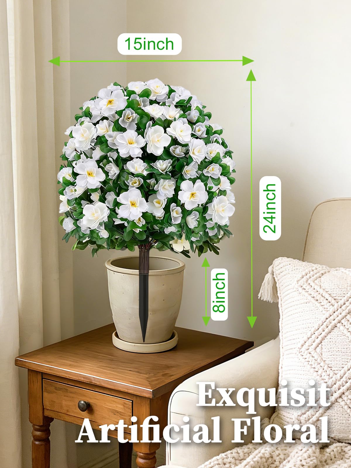 2 Pack Artificial Azalea Topiary Ball Trees 24” UV Resistant Silk Flowers Boxwood Shrubs with Ground Spike Realistic Faux Greenery for Outdoor and Indoor Decor