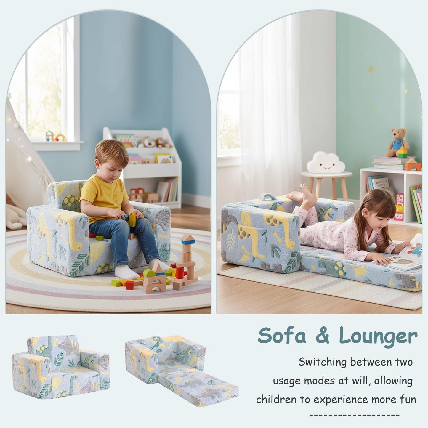 Tiita 2-in-1 Convertible Kids Couch to Lounger, Flip Out Toddler Armrest Bed, Folding Play Sofa for Girl or Boy, Grey Dinosaur