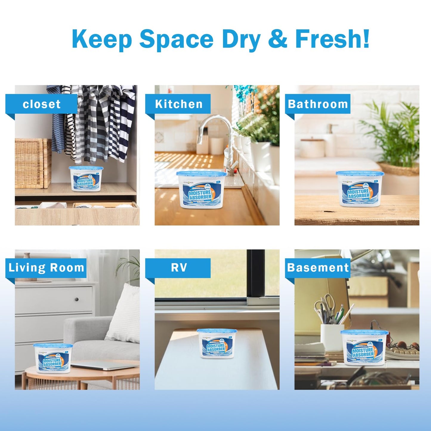 OOOFLOWER Moisture Absorber 12-Pack,Unscented Dehumidifier, Traps Excess Moisture & Humidity for Closets, Bathrooms, RVs, Basements,9.8 oz (277g) Each