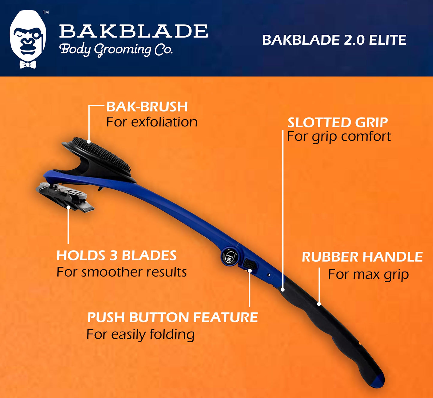 baKblade 2.0 Elite Back Shavers for Men: The DIY Back Hair Shaver for Men with Safety Blade Technology & Ergonomic Handle, Wet or Dry Shaving (Extra Blades Included)