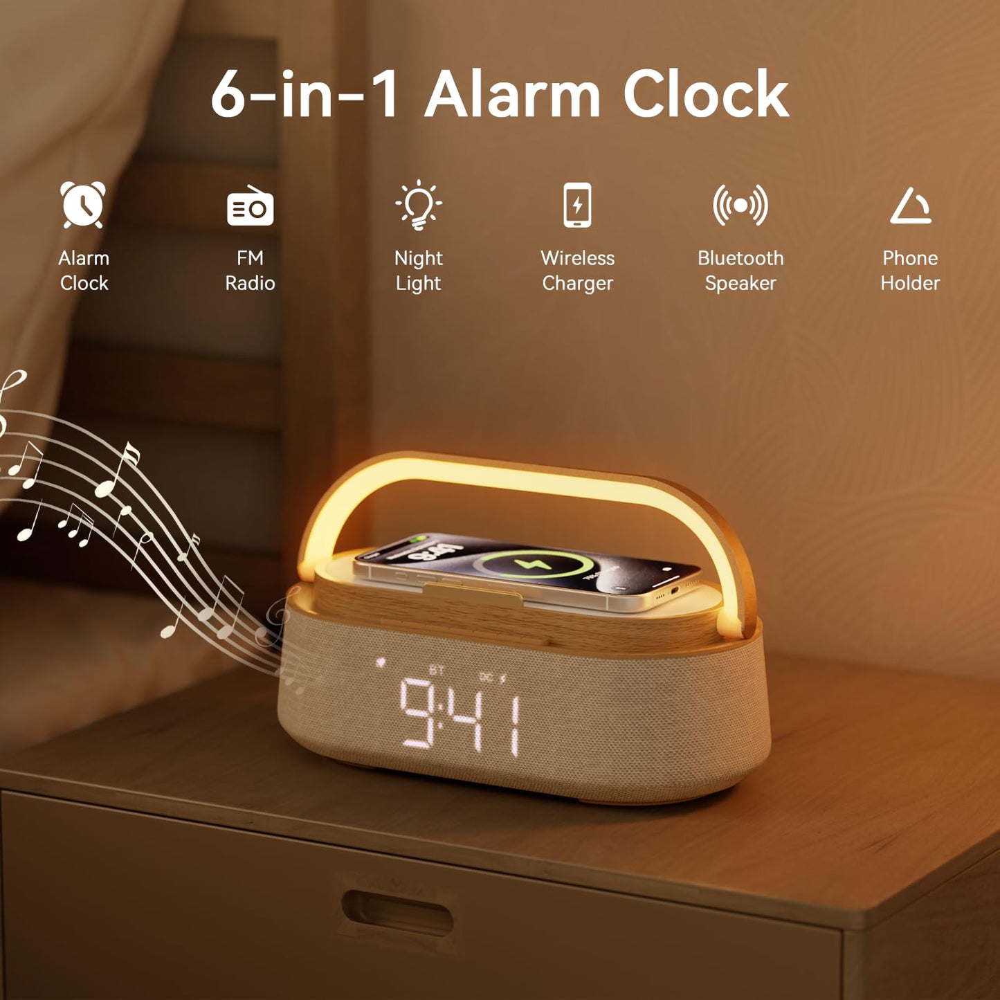 FREEFISH 6-in-1 Alarm Clock with Bluetooth Speaker, Wireless Charging, FM Radio, Night Light, Phone Holder, Digital Clock, 15W Fast Charger for iPhone 16/15/14/13 Samsung, Bedroom Office Gift (Wood)