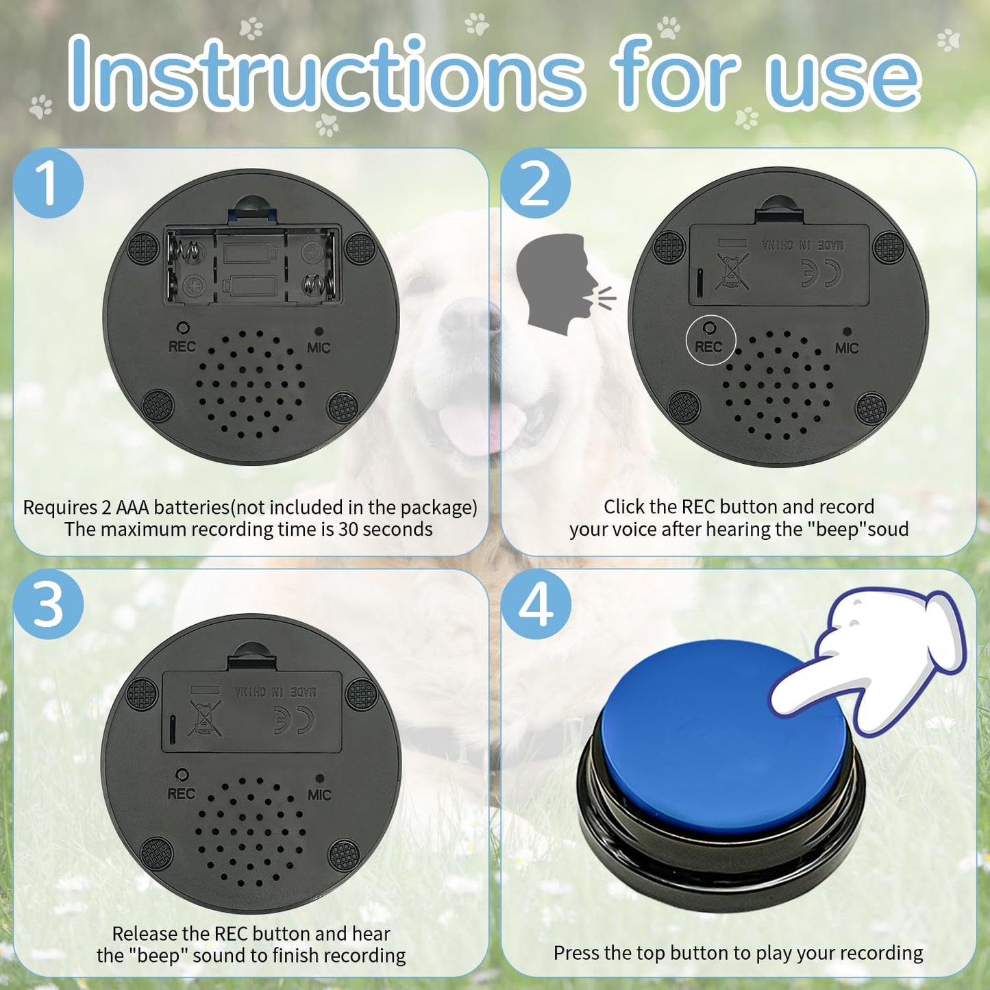 BOSKEY Set of 7 Dog Buttons for Communication Words 30-Second HD Recording Button Recordable Buttons - Waterproof Pads and 50 Stickers Train Your Dog to Voice What They Need